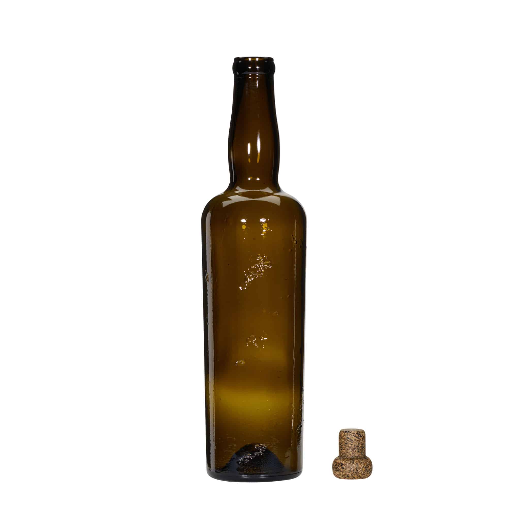 Botella de vidrio 'Siroco' de 750 ml, artesanal, marrón, boca: corcho