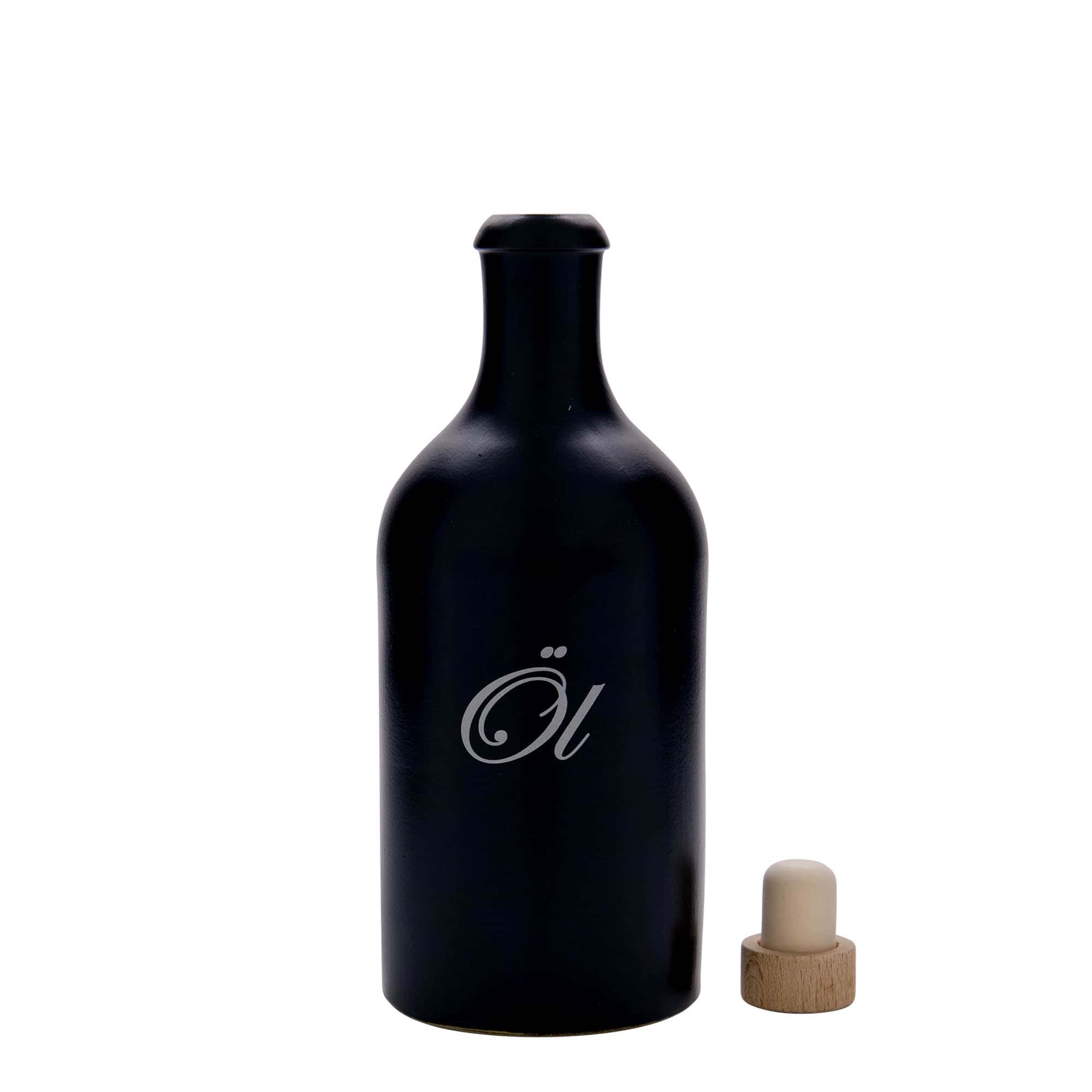 Jarra de barro de 500 ml, motivo: aceite, gres, negro, boca: corcho