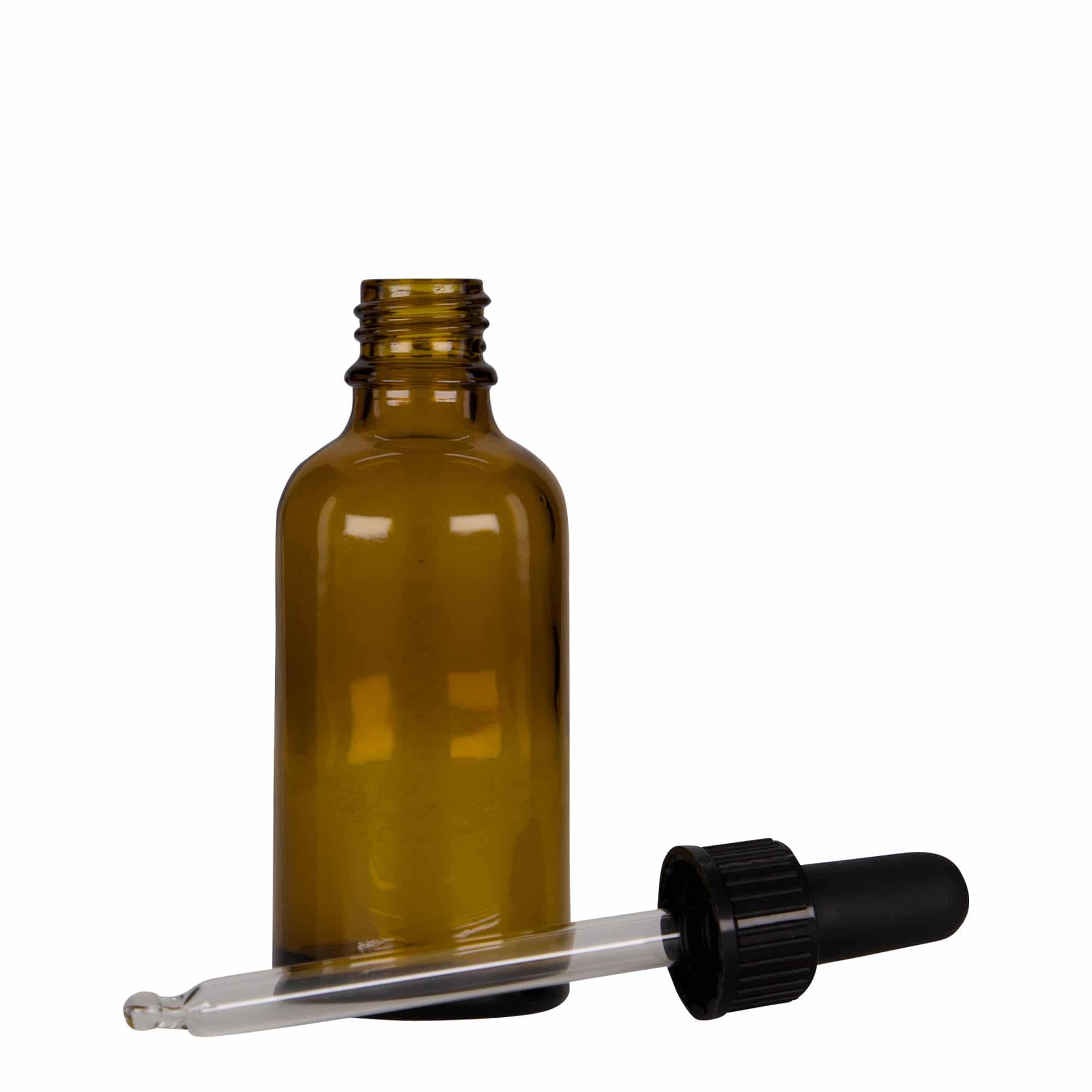Frasco cuentagotas de medicamentos de 50 ml, vidrio, marrón-negro, boca: DIN 18