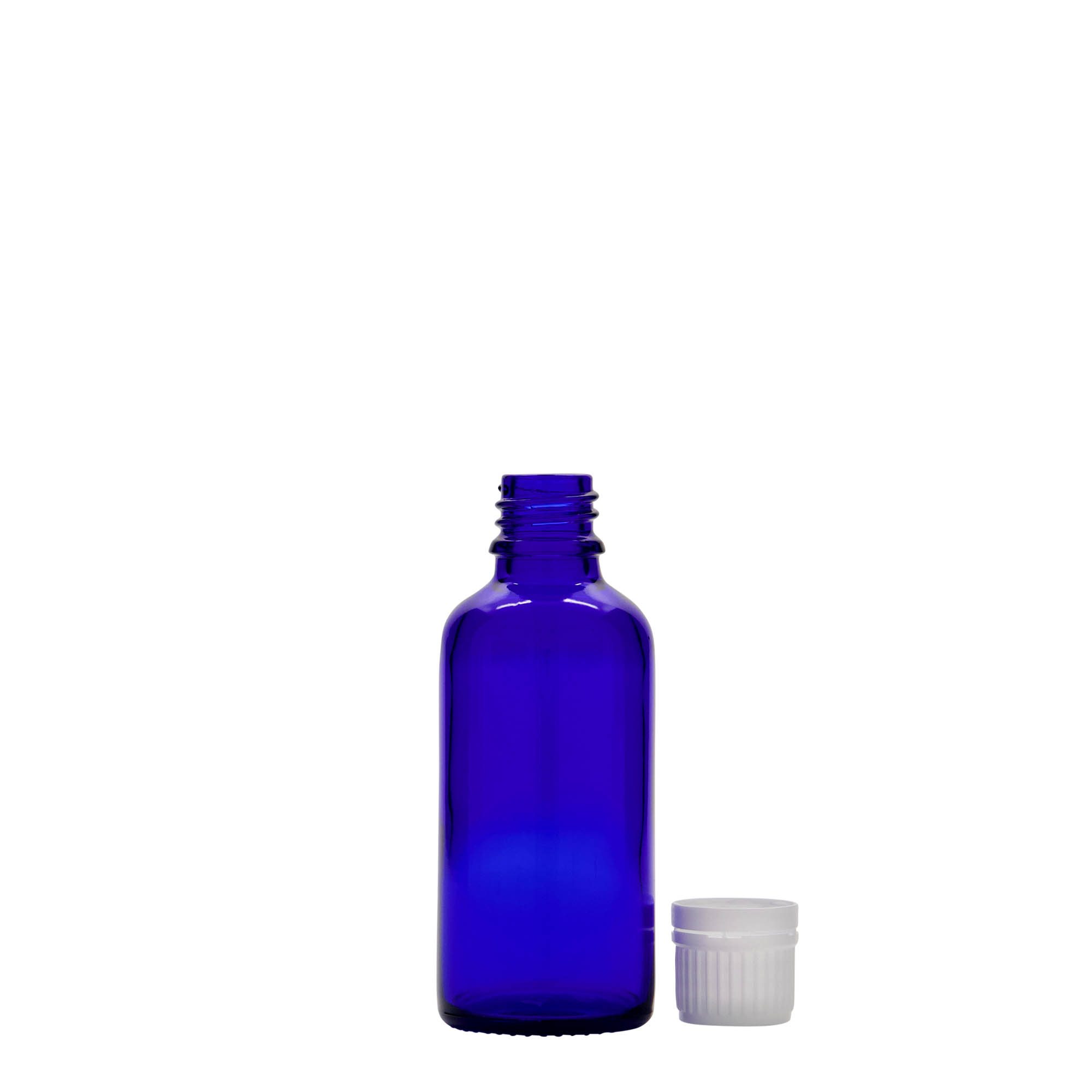 Botella médica de 50 ml, vidrio, azul real, boca: DIN 18 Botella médica de 50 ml, vidrio, azul real, boca: DIN 18