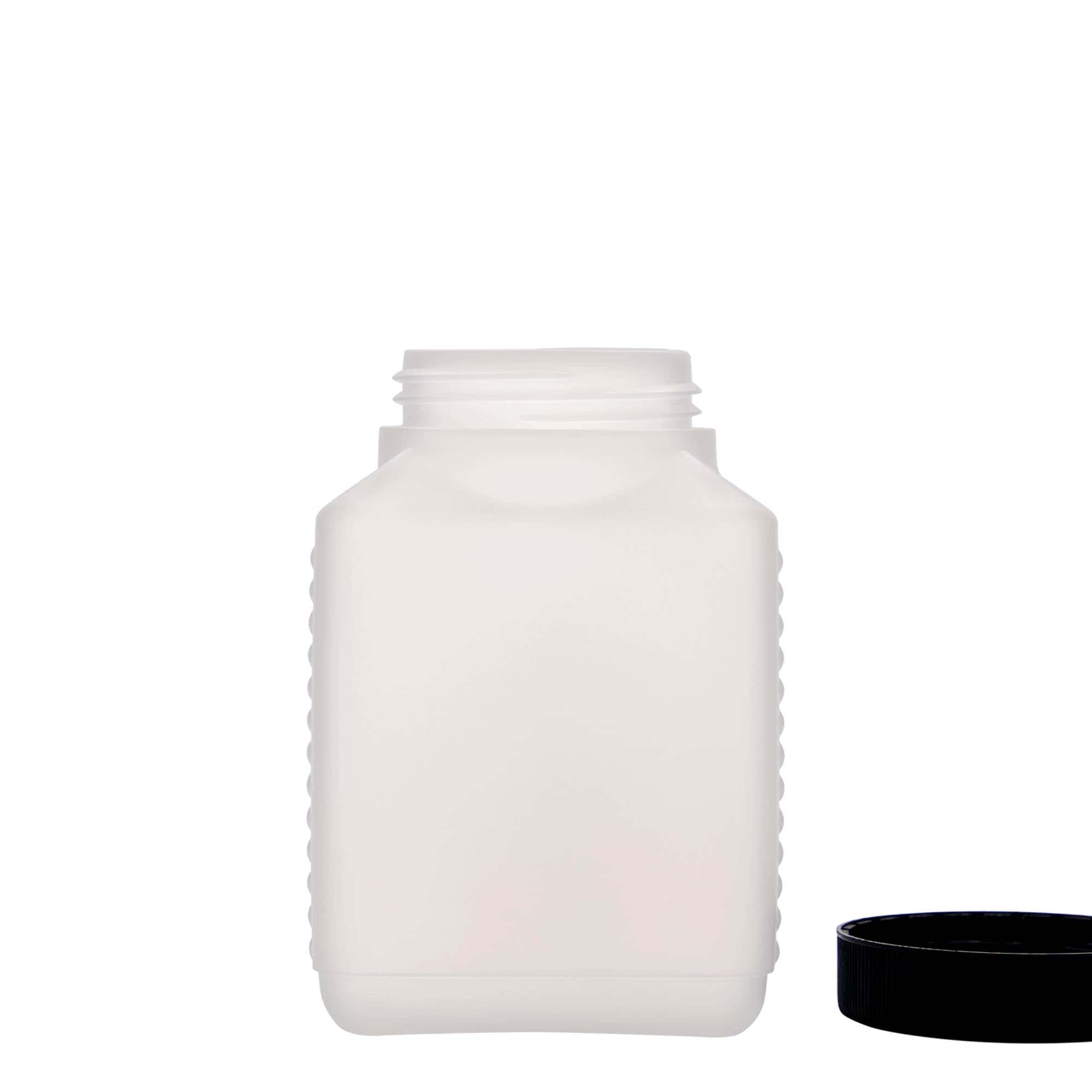 Botella de cuello ancho de 500 ml, rectangular, plástico de HDPE, natural, boca: DIN 60 EPE