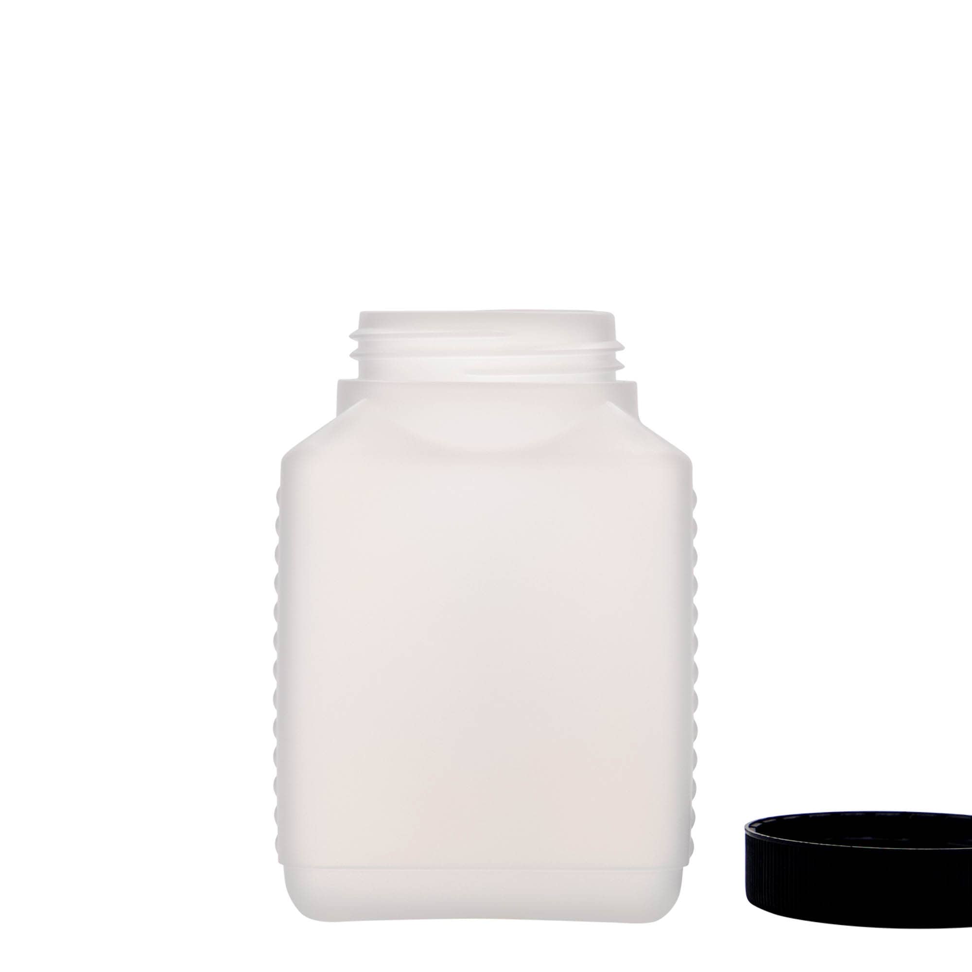 Botella de cuello ancho de 500 ml, rectangular, plástico HDPE, natural, boca: DIN 60 EPE Botella de cuello ancho de 500 ml, rectangular, plástico HDPE, natural, boca: DIN 60 EPE