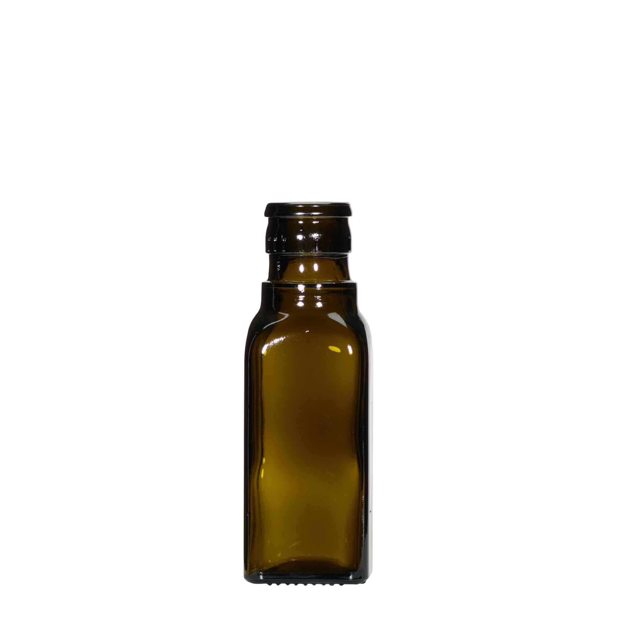 Botella de vinagre/aceite de 100 ml 'Quadra', vidrio, cuadrada, verde antiguo, boca: DOP