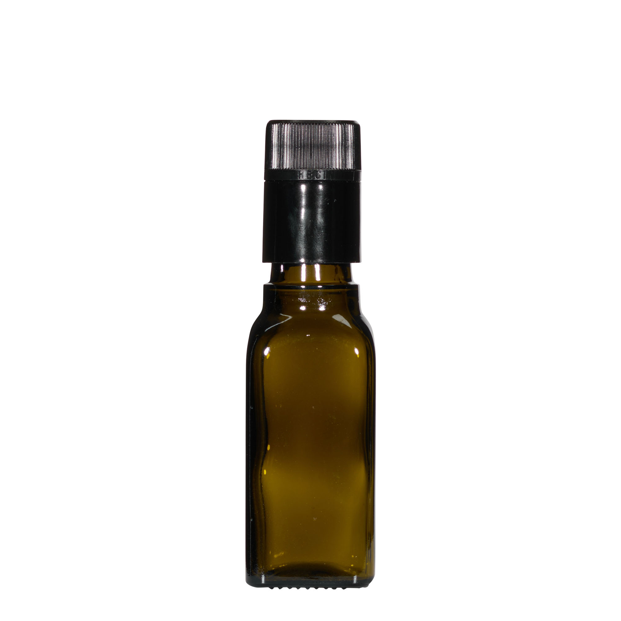 Botella de vinagre/aceite de 100 ml 'Quadra', vidrio, cuadrada, verde antiguo, boca: DOP Botella de vinagre/aceite de 100 ml 'Quadra', vidrio, cuadrada, verde antiguo, boca: DOP