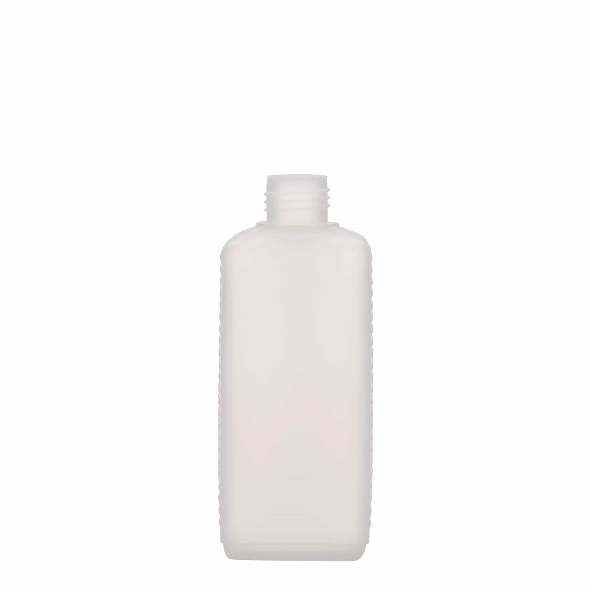 Botella de bidón de 250 ml, rectangular, plástico HDPE, natural, boca: DIN 25 EPE