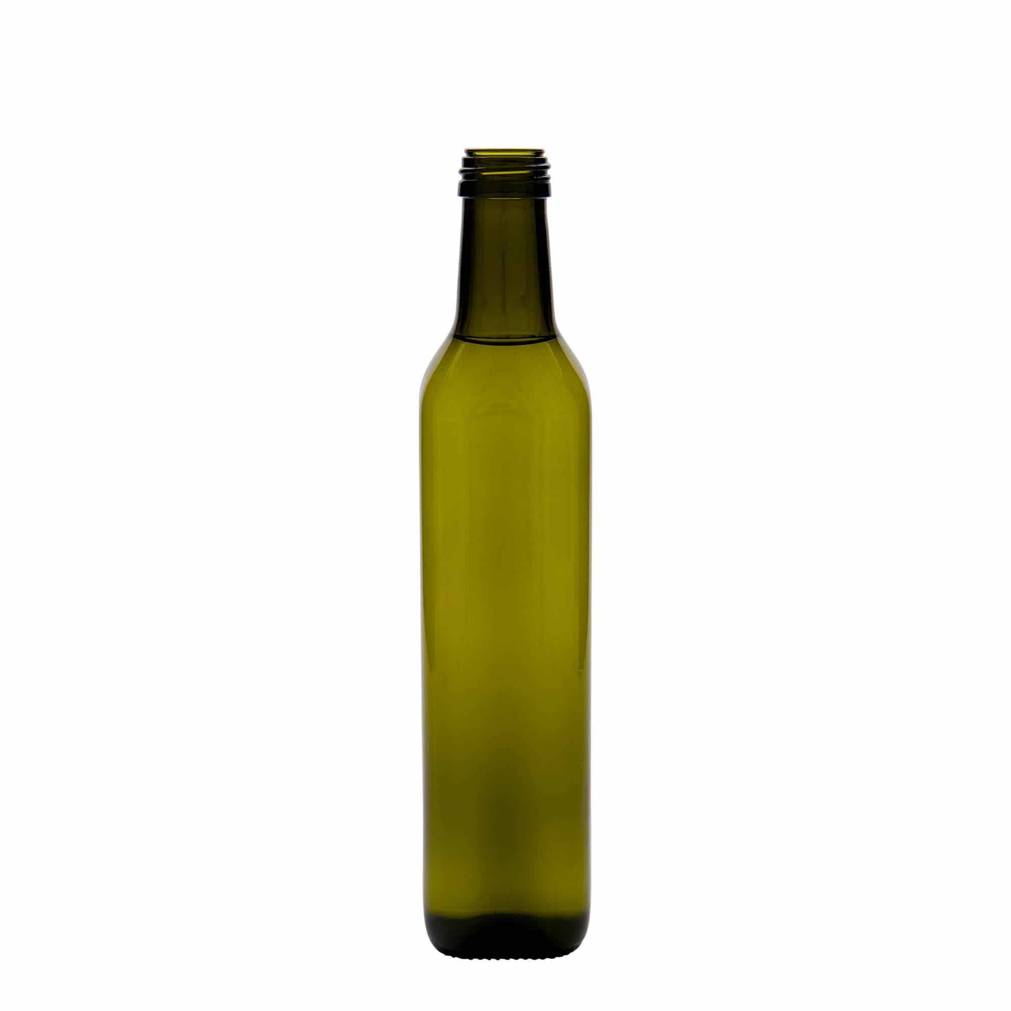 Botella de vidrio 'Marasca' de 500 ml, cuadrada, verde antiguo, boca: PP 31,5