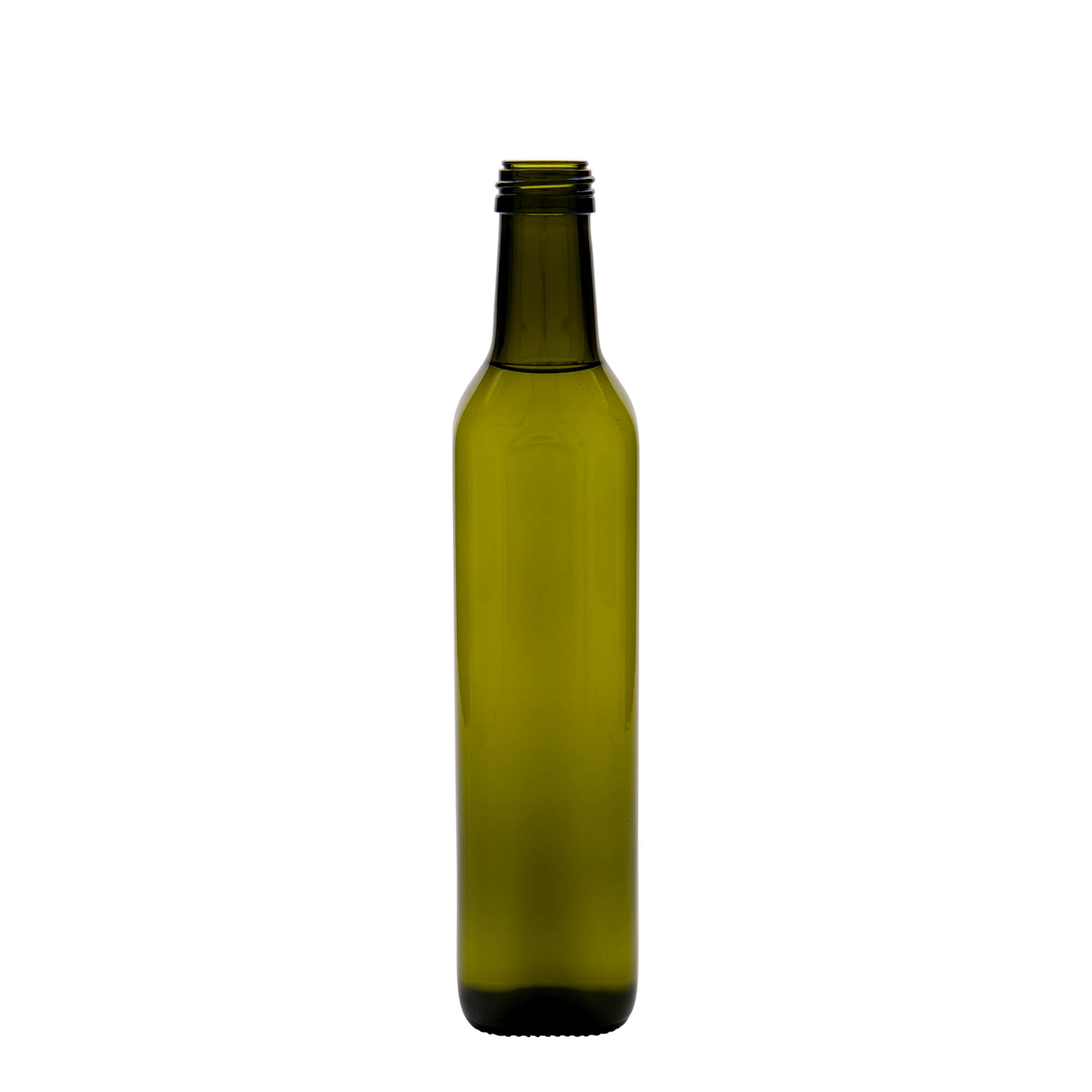 Botella de vidrio de 500 ml 'Marasca', cuadrada, verde antiguo, boca: PP 31,5 Botella de vidrio de 500 ml 'Marasca', cuadrada, verde antiguo, boca: PP 31,5