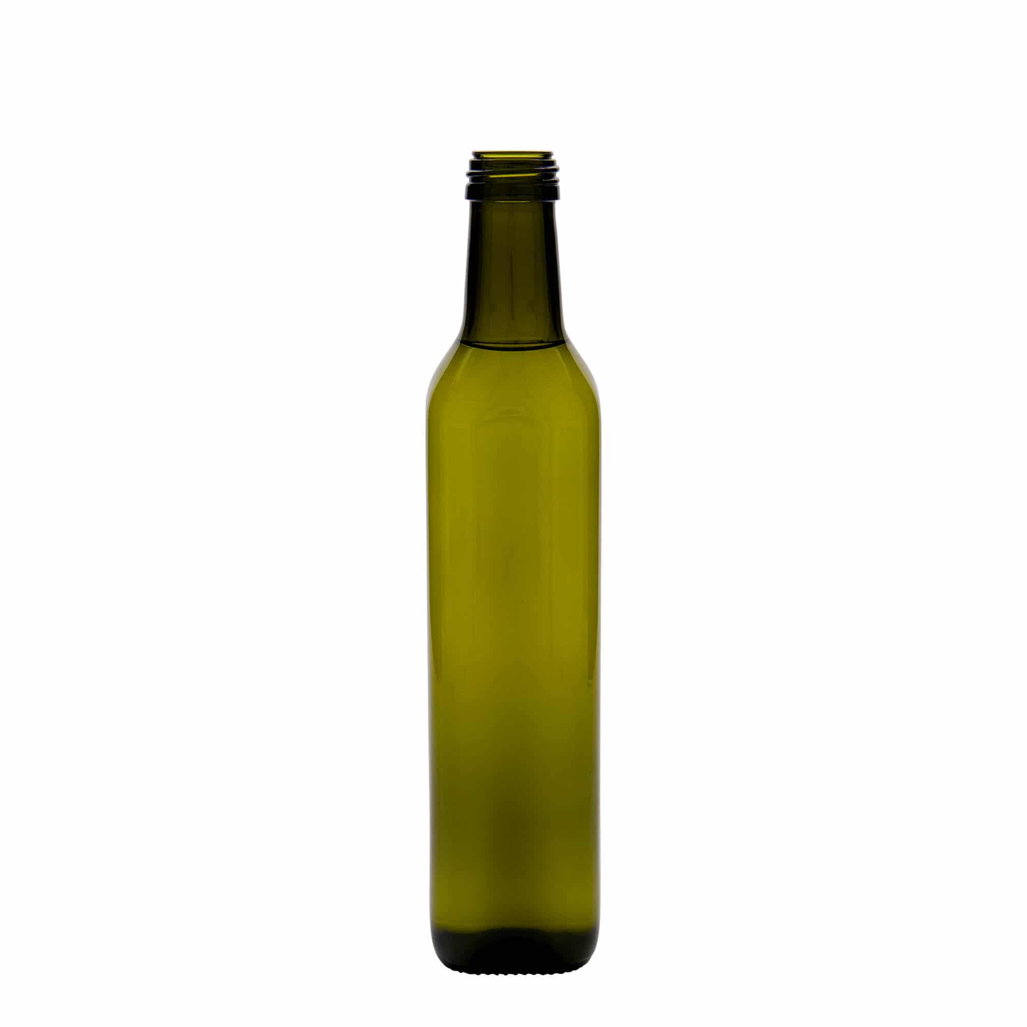 Botella de vidrio de 500 ml 'Marasca', cuadrada, verde antiguo, boca: PP 31,5