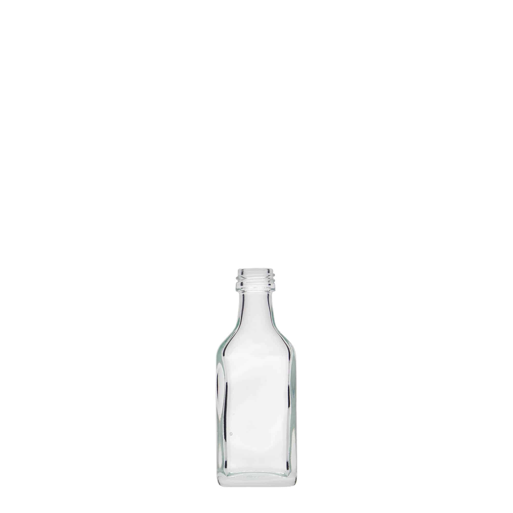 Botella de bolsillo de 20 ml, rectangular, vidrio, boca: PP 18