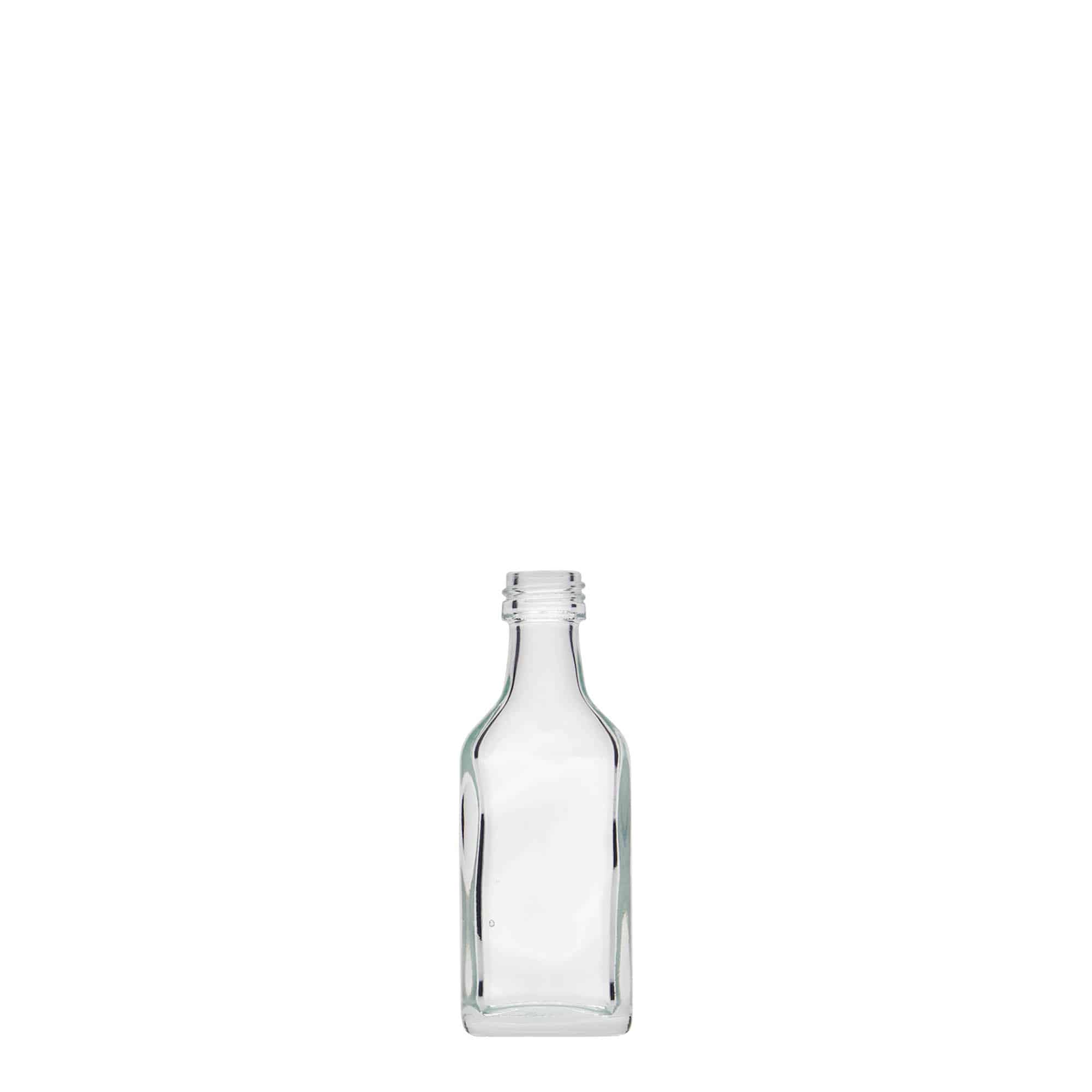 Botella de bolsillo de 20 ml, rectangular, vidrio, boca: PP 18 Botella de bolsillo de 20 ml, rectangular, vidrio, boca: PP 18