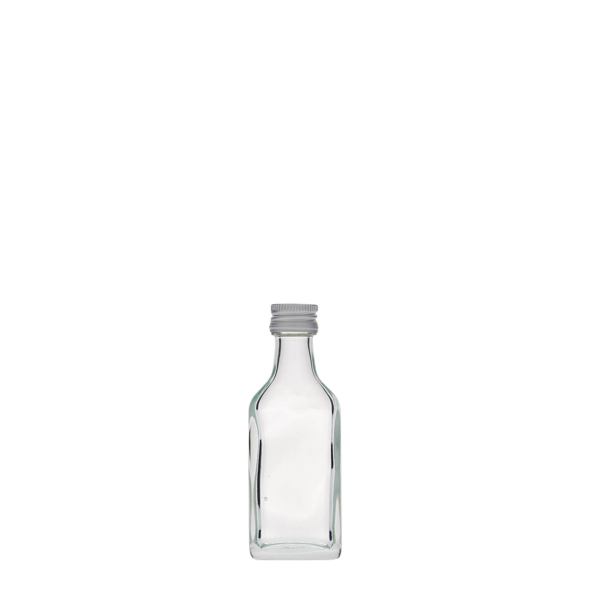 Botella de bolsillo de 20 ml, rectangular, vidrio, boca: PP 18 Botella de bolsillo de 20 ml, rectangular, vidrio, boca: PP 18