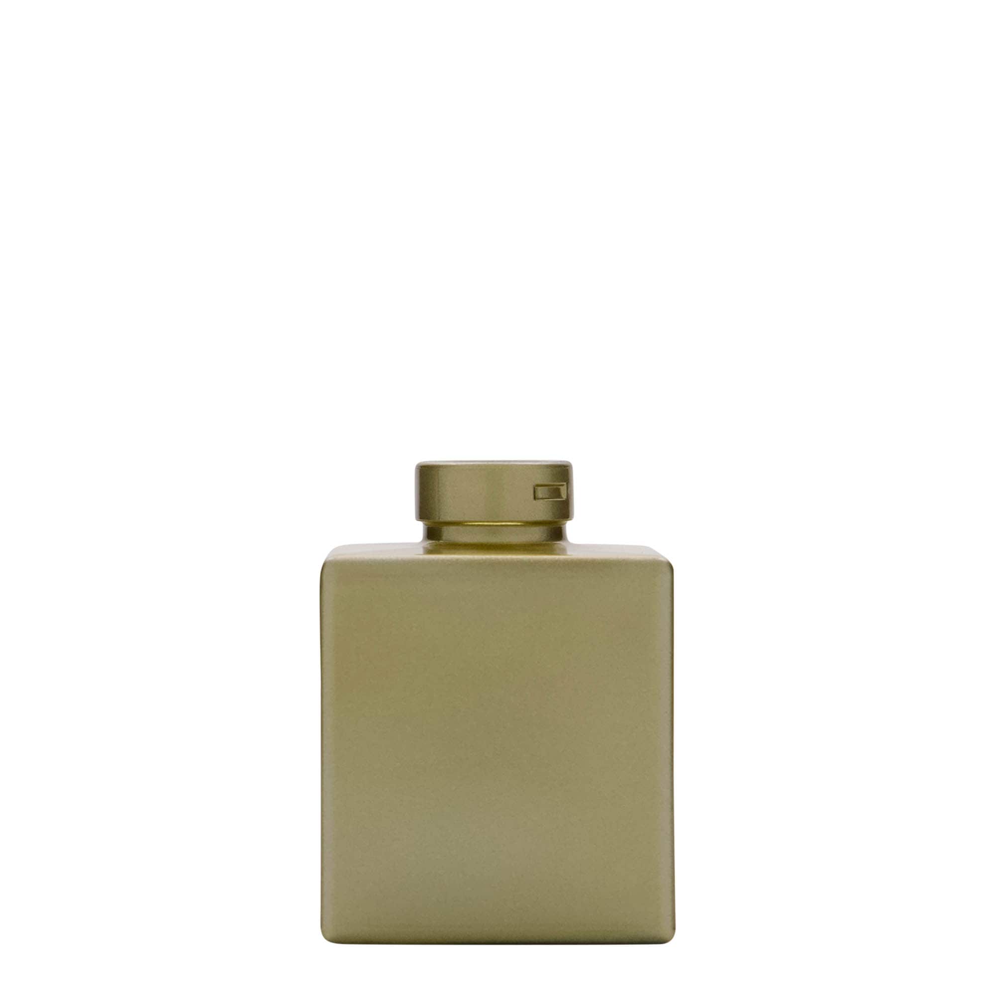 Botella de cristal de 100 ml 'Cube', cuadrada, dorada, boca: corcho