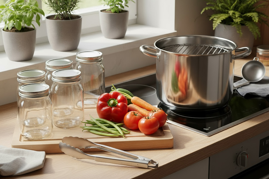 Una persona sostiene un frasco de verduras encurtidas en su mano izquierda y señala el contenido con su dedo índice derecho.