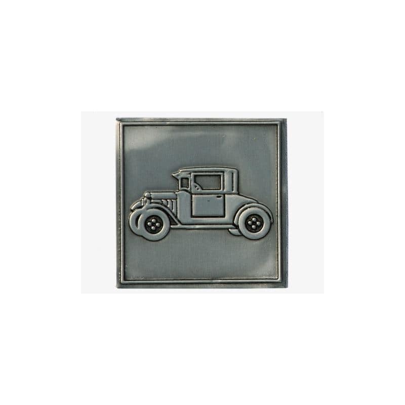 Etiqueta de estaño 'Coche de época', cuadrada, metal, plateado Etiqueta de estaño 'Coche de época', cuadrada, metal, plateado