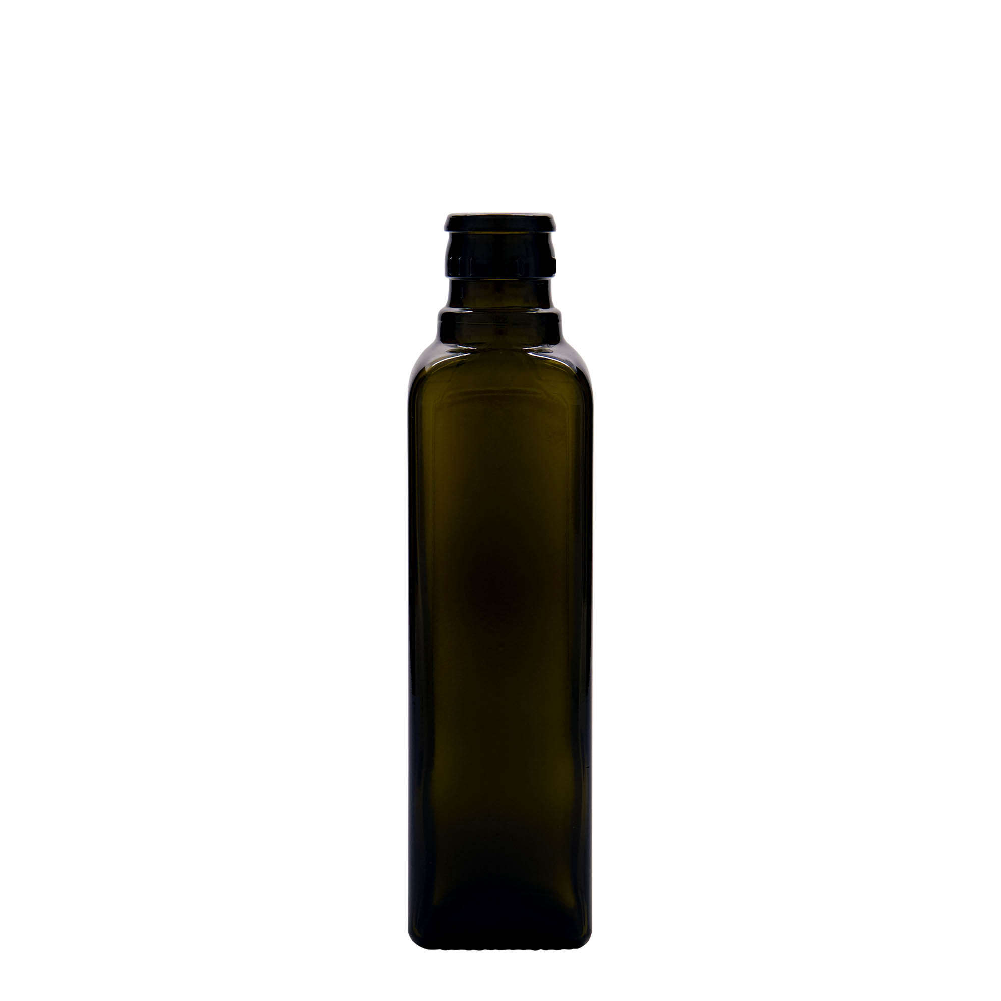 Botella de vinagre/aceite de 250 ml 'Quadra', vidrio, cuadrada, verde antiguo, boca: DOP Botella de vinagre/aceite de 250 ml 'Quadra', vidrio, cuadrada, verde antiguo, boca: DOP