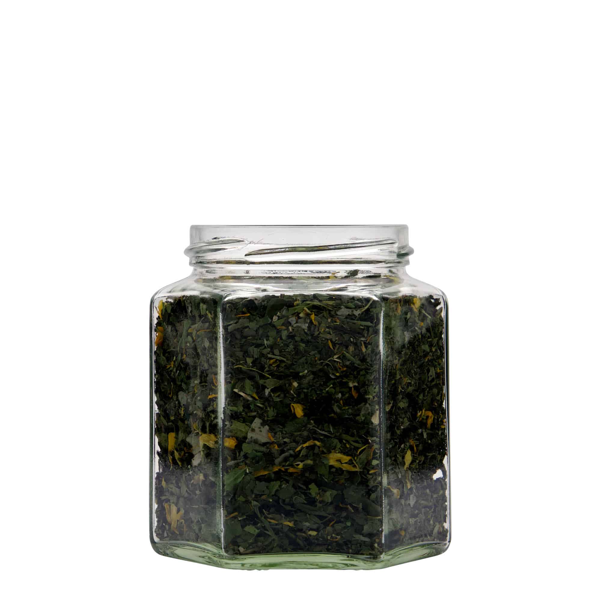 Tarro hexagonal de 390 ml, boca: Twist-Off (TO 70)