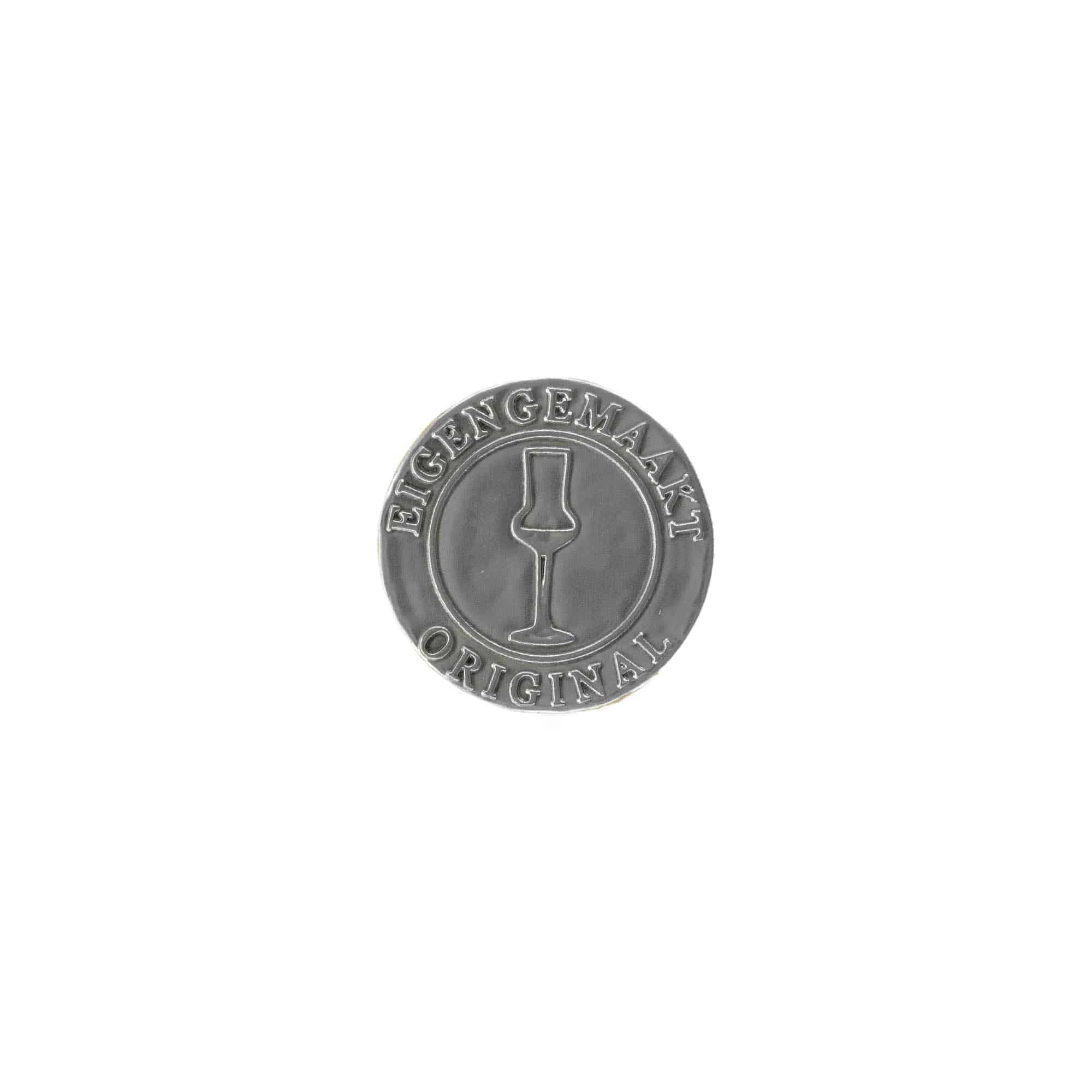 Etiqueta de estaño 'Eigengemaakt', redonda, metal, plateada