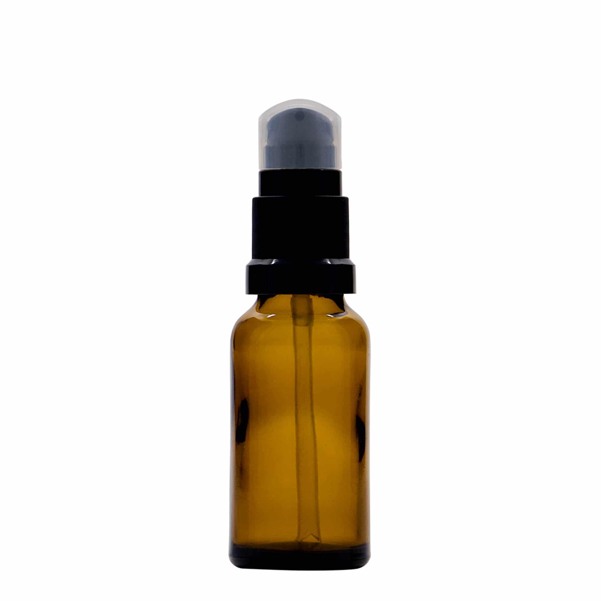 Frasco medicinal de 20 ml con bomba dosificadora para loción, vidrio, marrón, boca: DIN 18