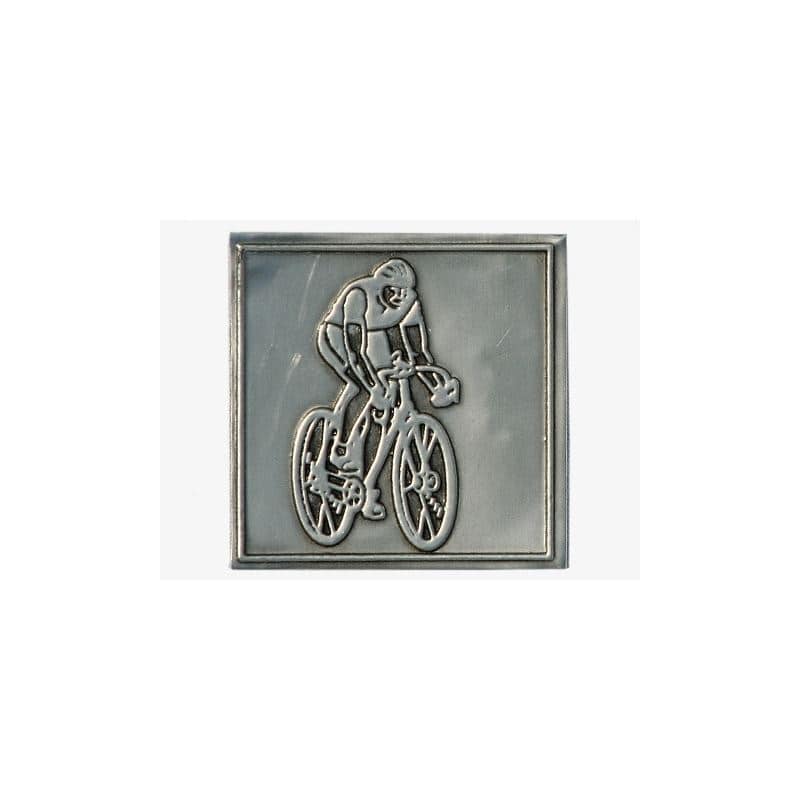 Etiqueta de estaño 'Ciclista', cuadrada, metal, plateado Etiqueta de estaño 'Ciclista', cuadrada, metal, plateado