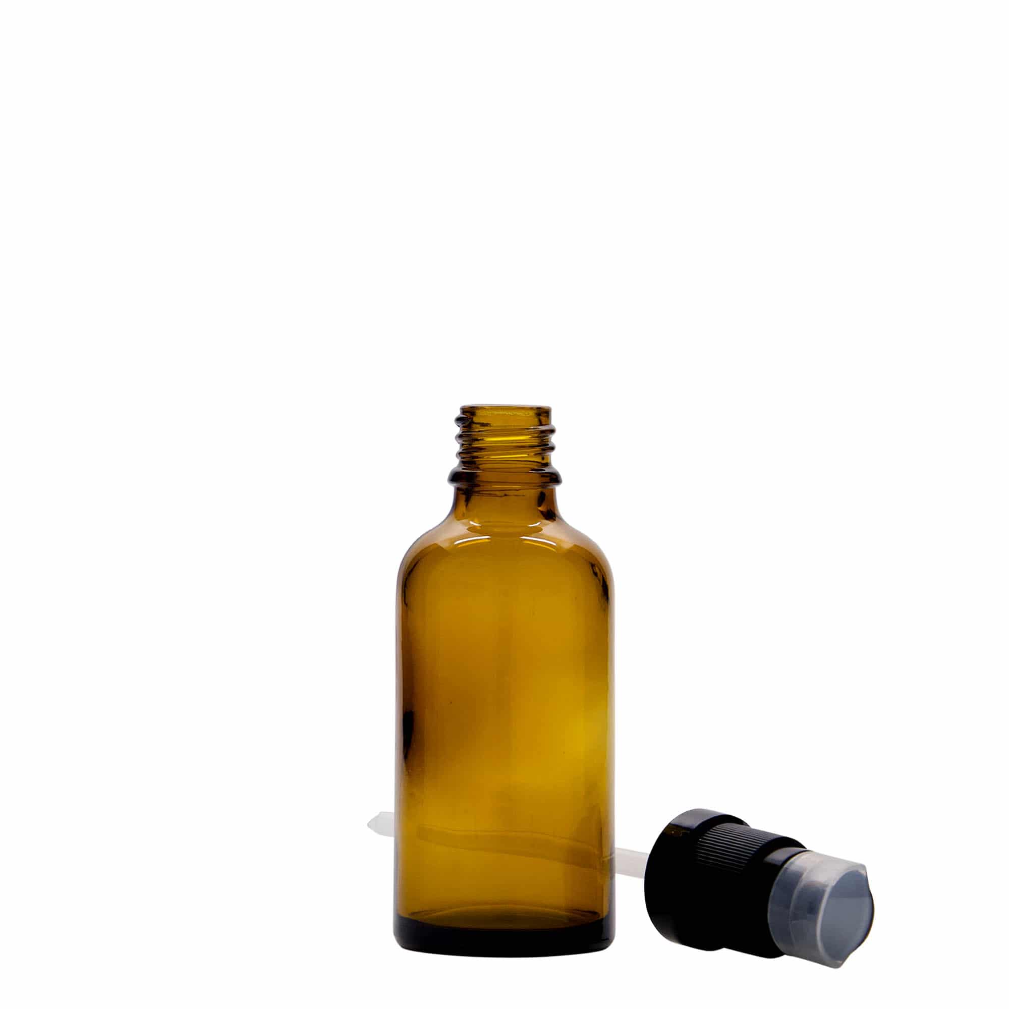 Frasco médico de 50 ml con bomba dosificadora para loción, vidrio, marrón, boca: DIN 18