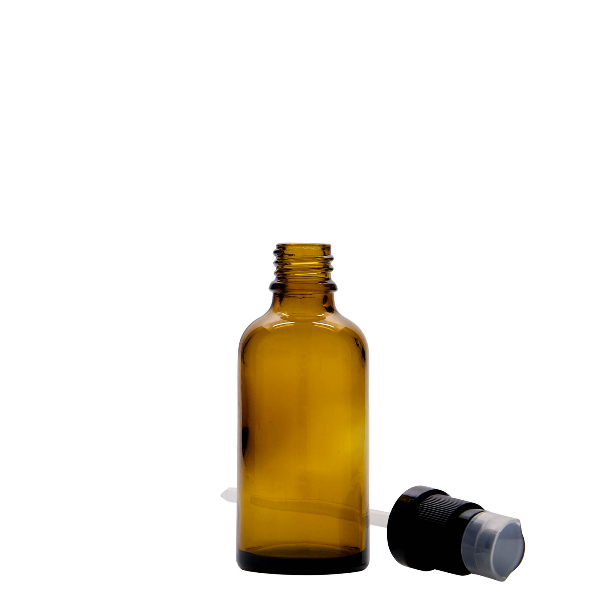 Frasco médico de 50 ml con bomba dosificadora para loción, vidrio, marrón, boca: DIN 18 Frasco médico de 50 ml con bomba dosificadora para loción, vidrio, marrón, boca: DIN 18