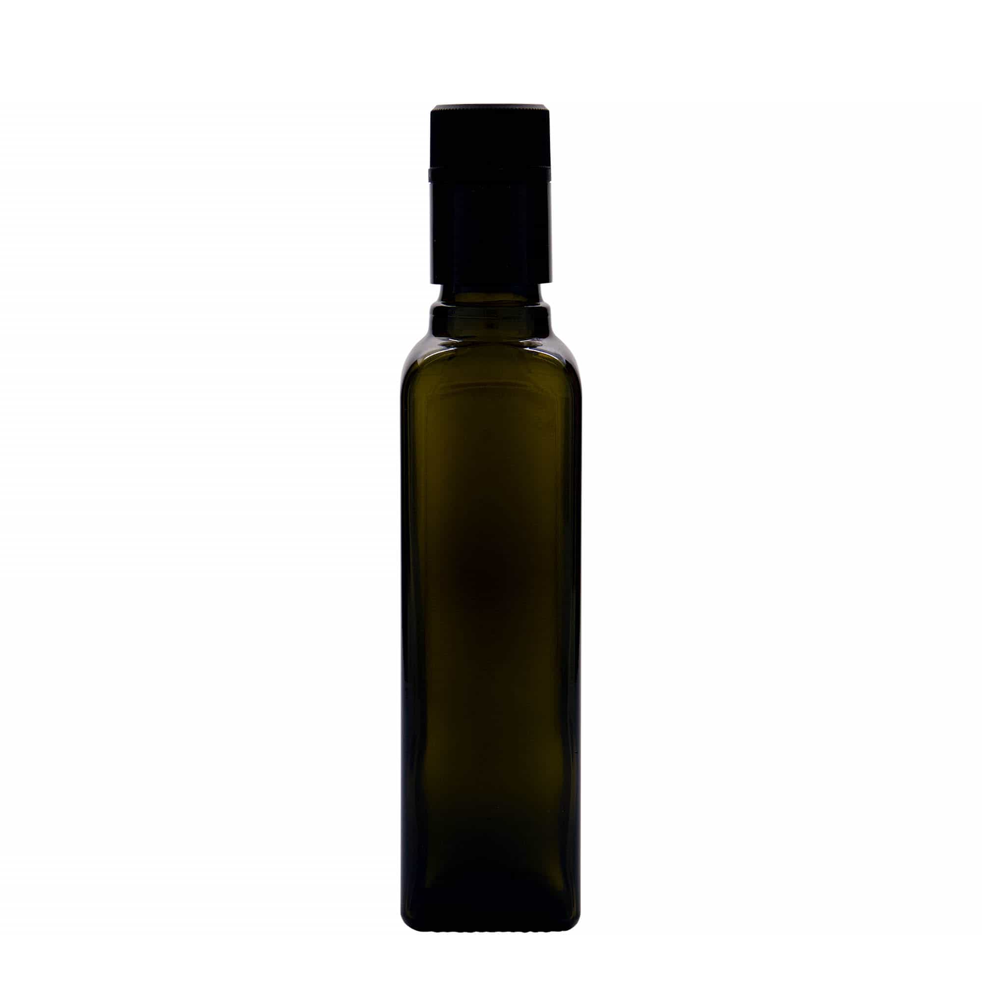 Botella de vinagre/aceite de 250 ml 'Quadra', vidrio, cuadrada, verde antiguo, boca: DOP