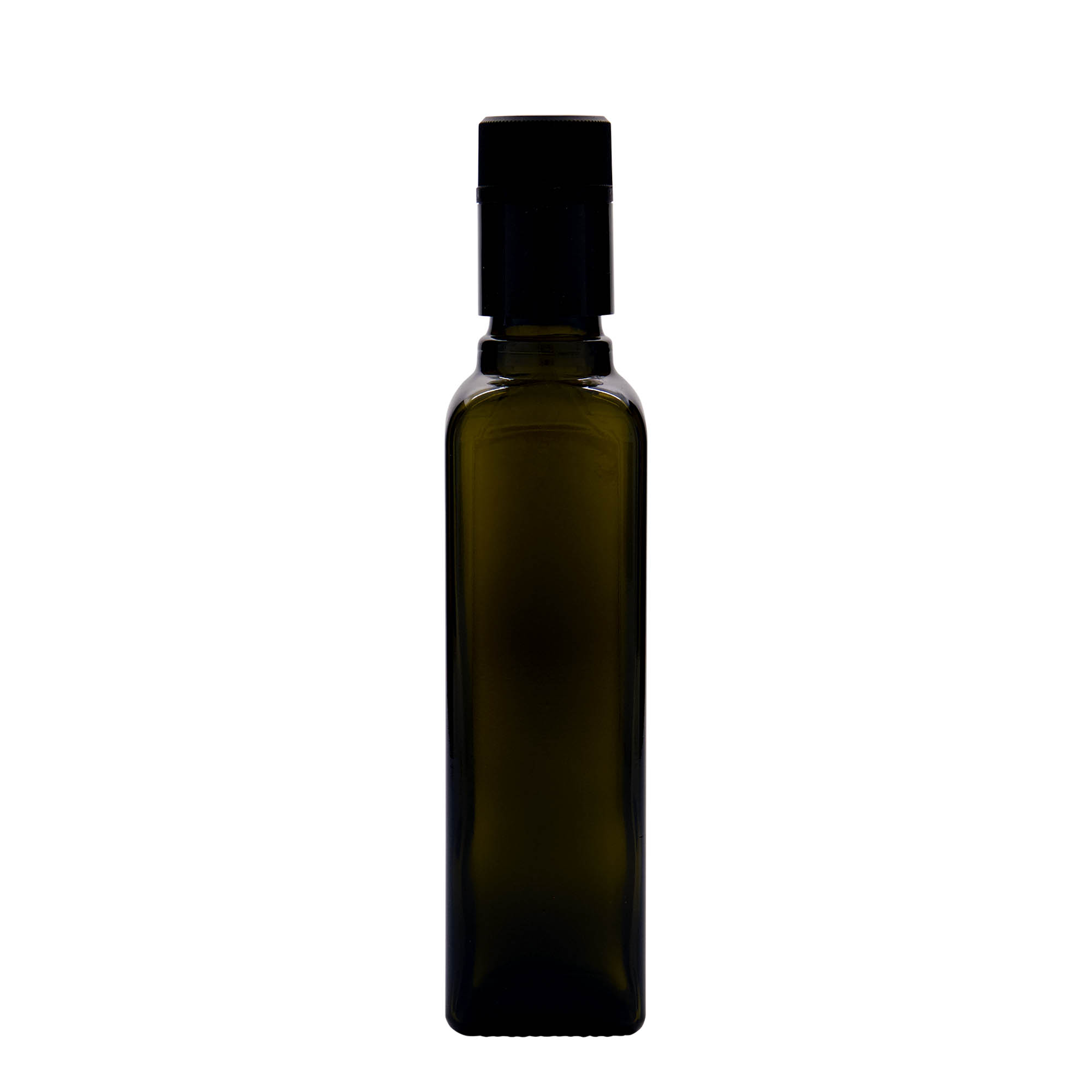 Botella de vinagre/aceite de 250 ml 'Quadra', vidrio, cuadrada, verde antiguo, boca: DOP Botella de vinagre/aceite de 250 ml 'Quadra', vidrio, cuadrada, verde antiguo, boca: DOP