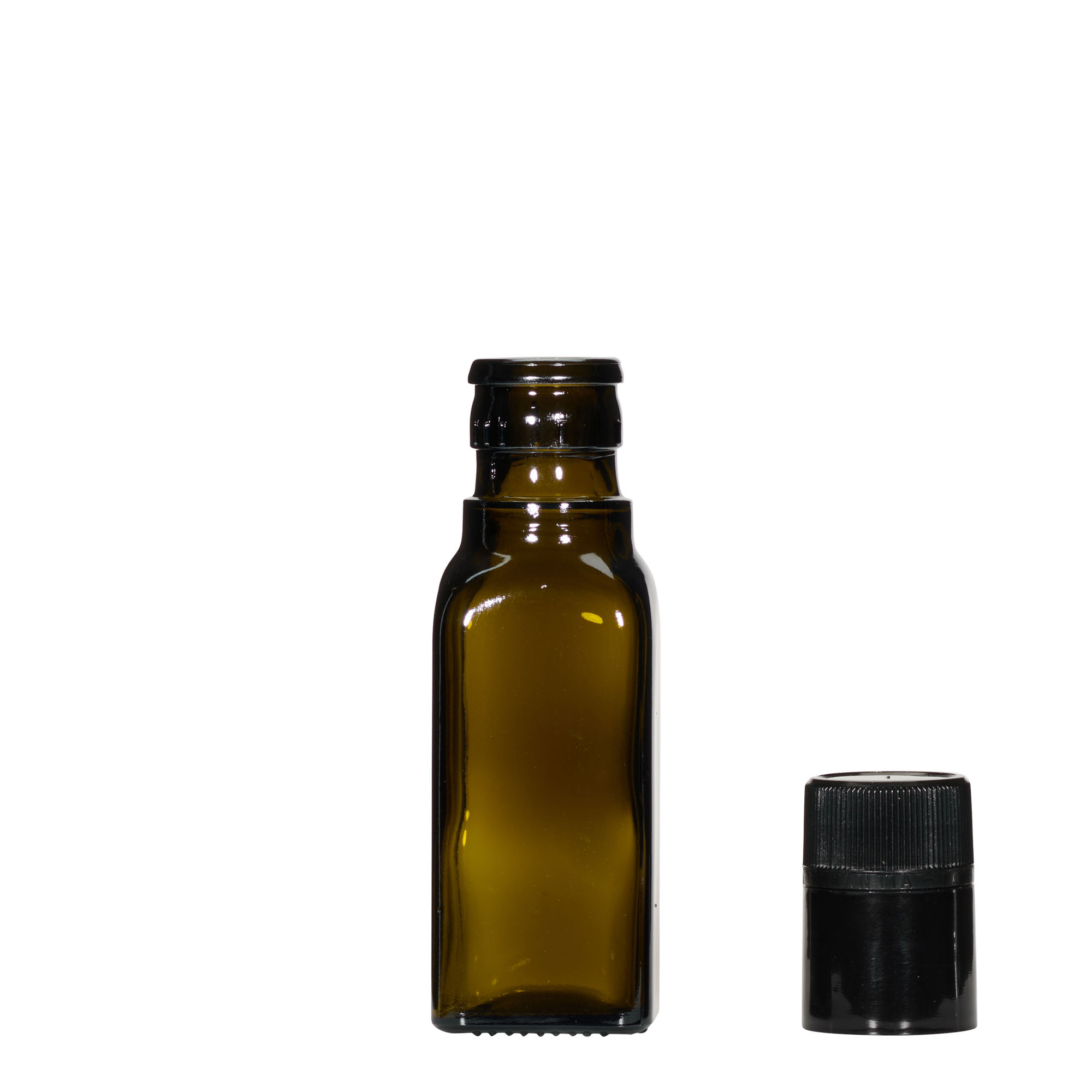 Botella de vinagre/aceite de 100 ml 'Quadra', vidrio, cuadrada, verde antiguo, boca: DOP Botella de vinagre/aceite de 100 ml 'Quadra', vidrio, cuadrada, verde antiguo, boca: DOP