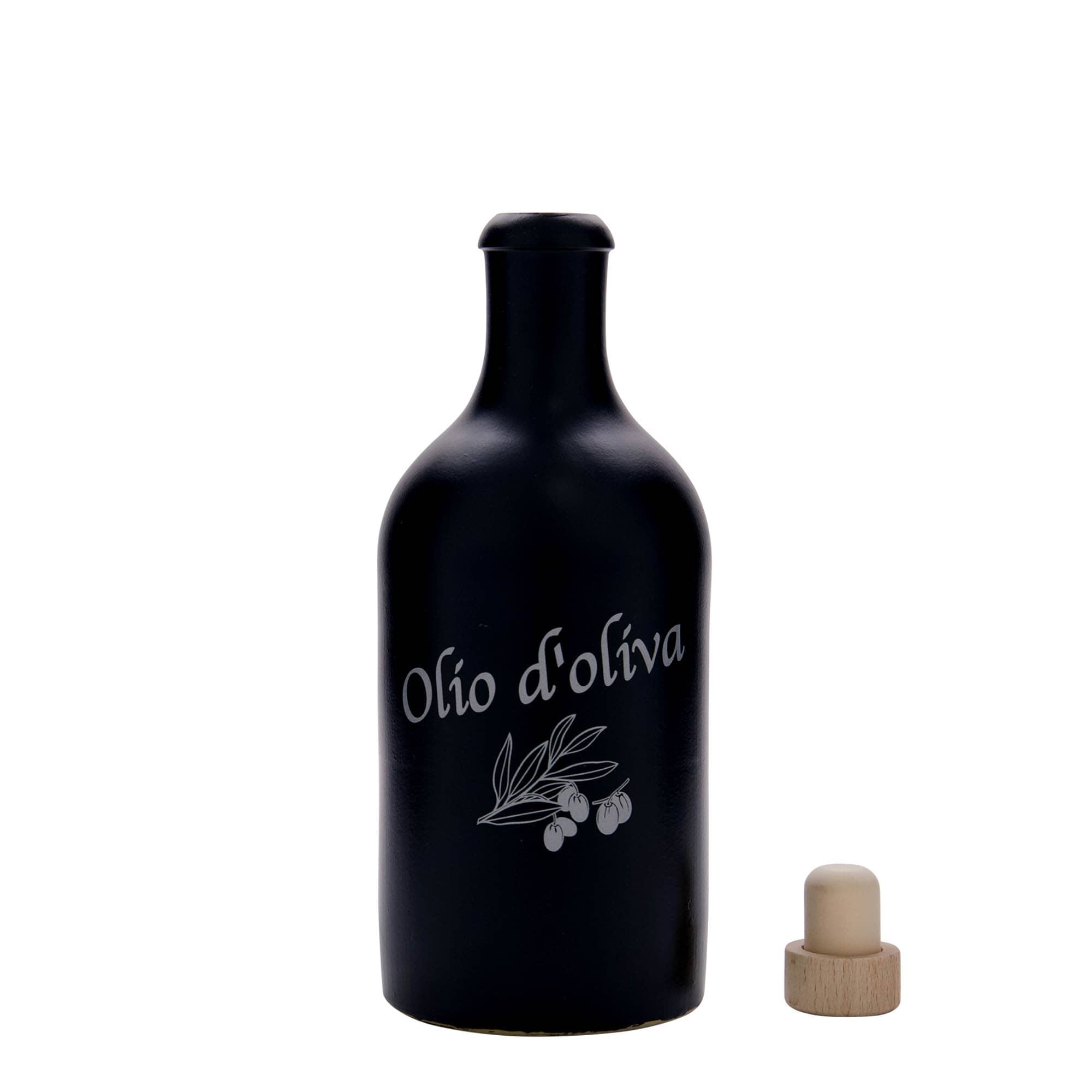 Jarra de barro de 500 ml, motivo: Olio d'Oliva, gres, negro, boca: corcho