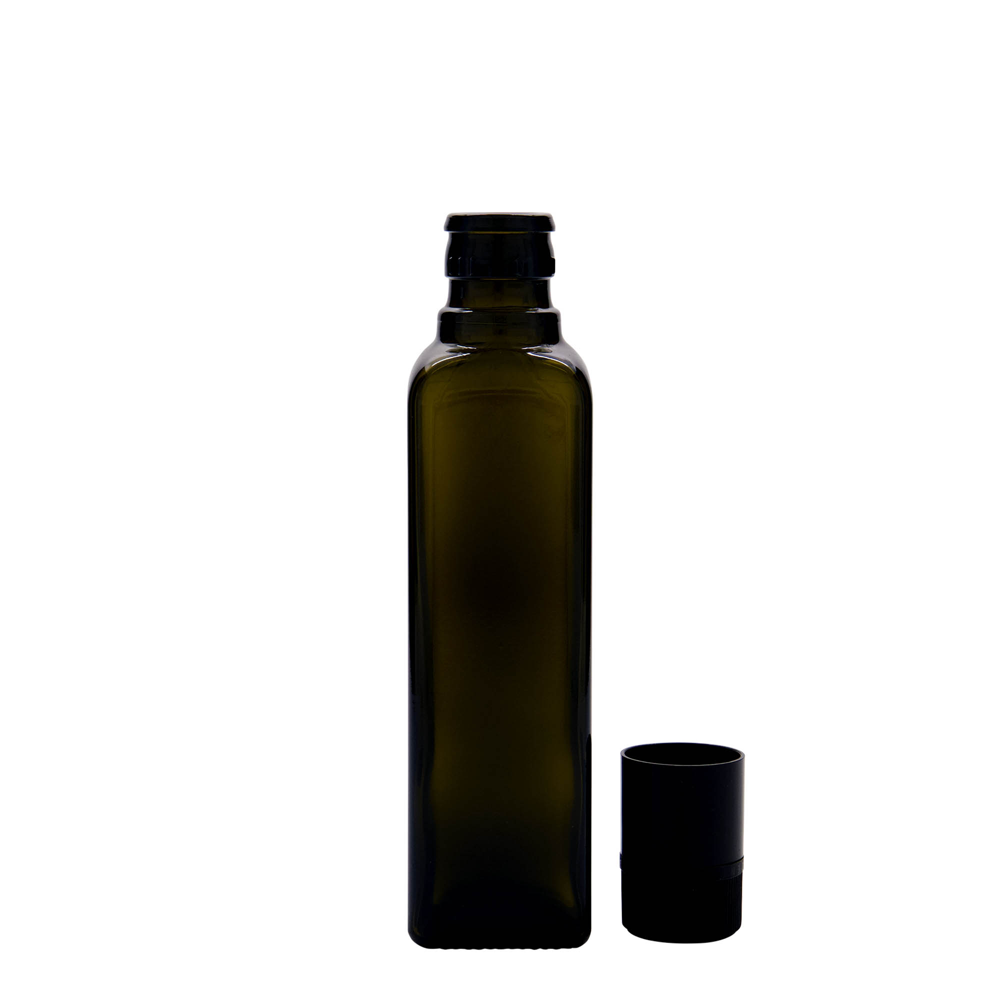 Botella de vinagre/aceite de 250 ml 'Quadra', vidrio, cuadrada, verde antiguo, boca: DOP Botella de vinagre/aceite de 250 ml 'Quadra', vidrio, cuadrada, verde antiguo, boca: DOP