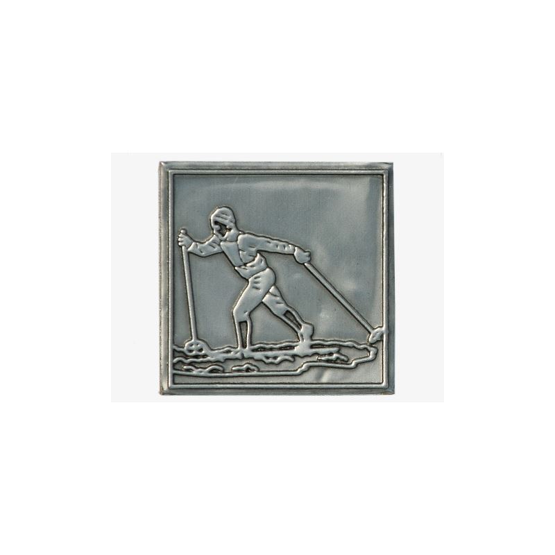Etiqueta de estaño 'Esquiador de fondo', cuadrada, metal, plateado