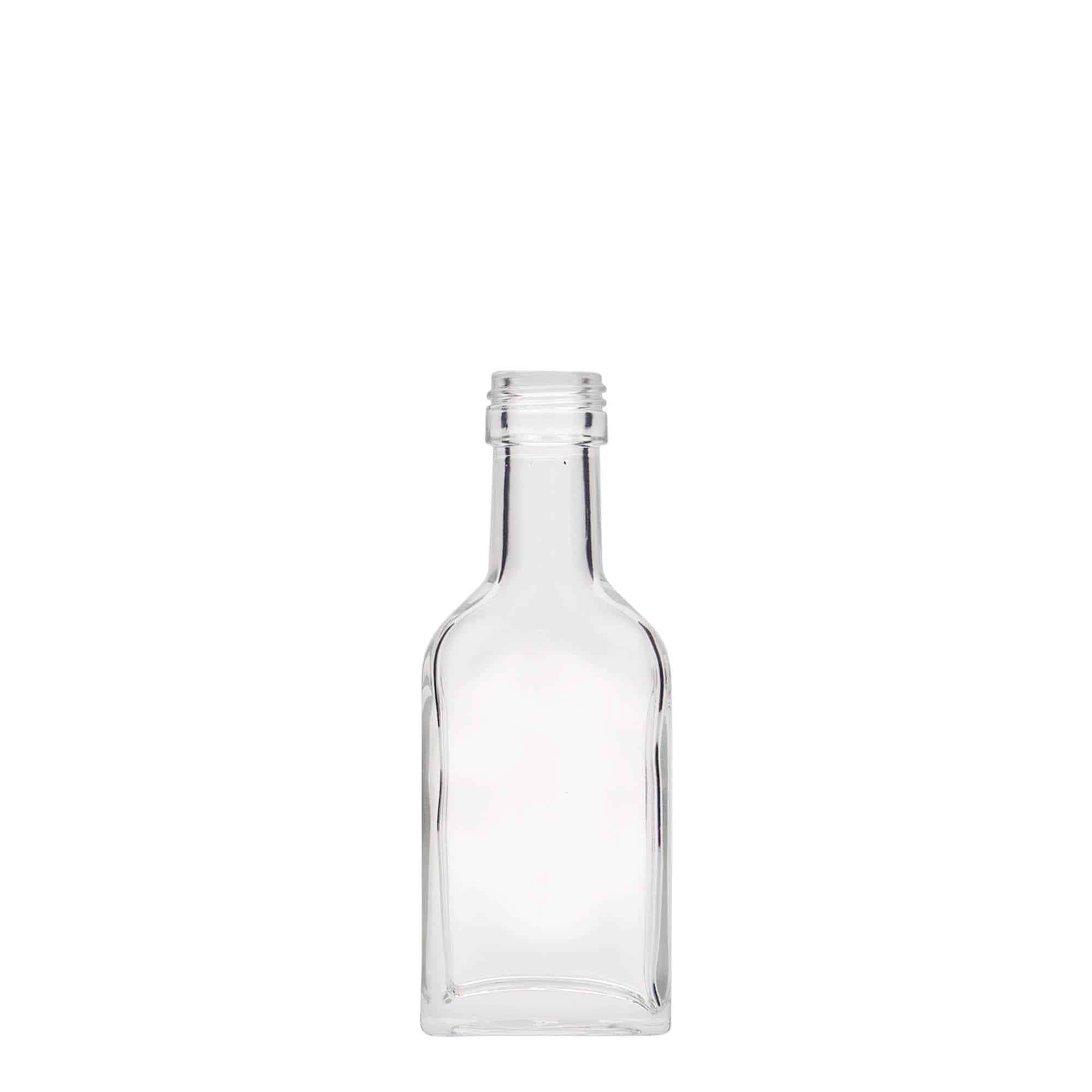 Botella de bolsillo de cuello largo de 40 ml, rectangular, vidrio, boca: PP 22 Botella de bolsillo de cuello largo de 40 ml, rectangular, vidrio, boca: PP 22
