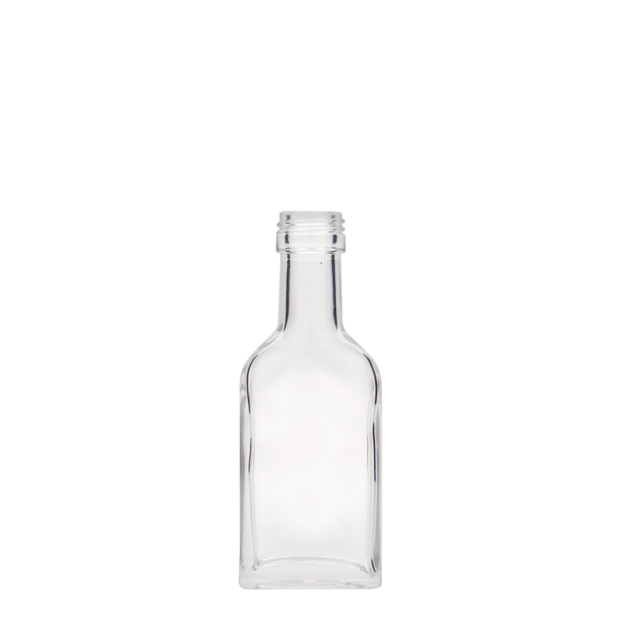 Botella de bolsillo de 40 ml, cuello largo, rectangular, vidrio, boca: PP 22
