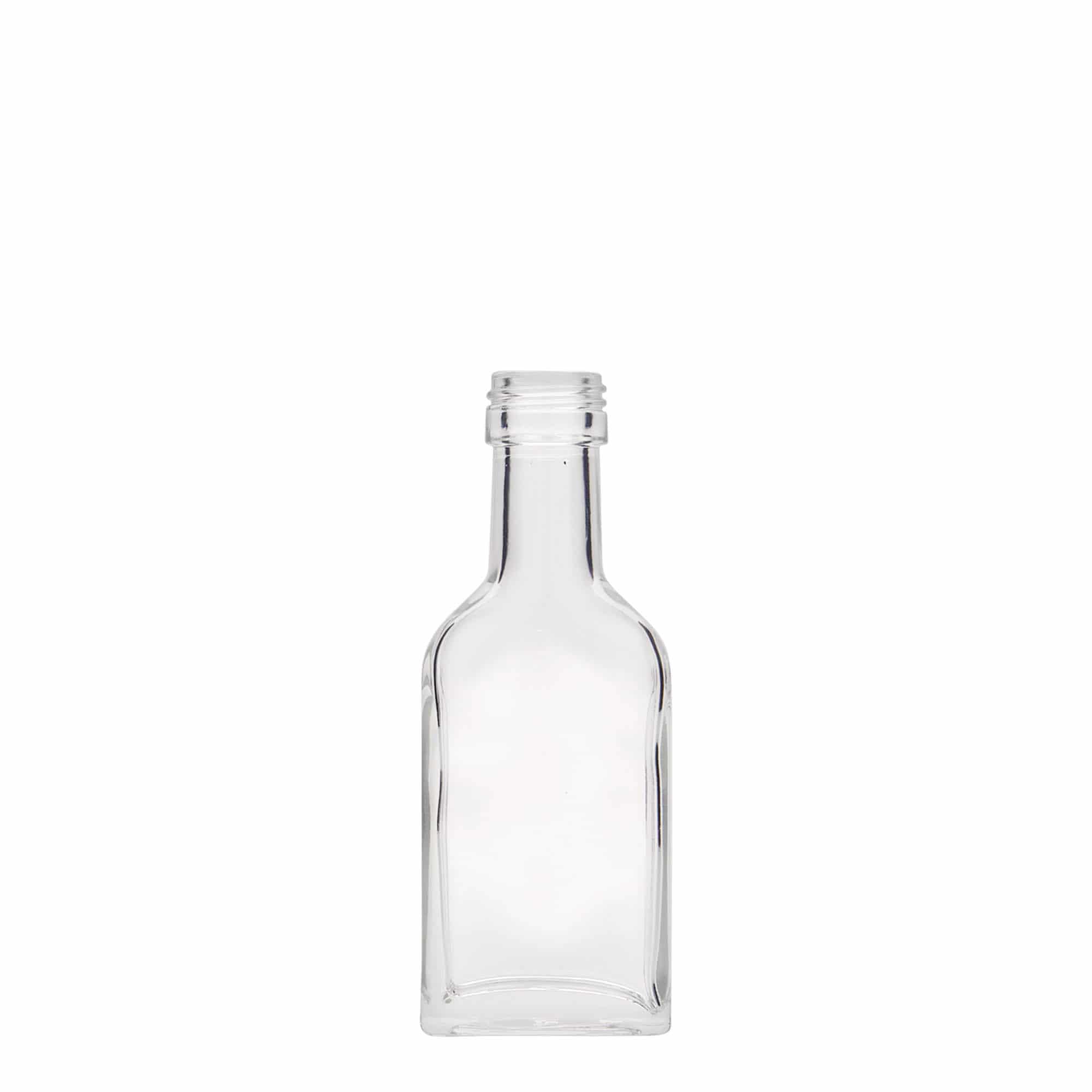 Botella de bolsillo de 40 ml, cuello largo, rectangular, vidrio, boca: PP 22