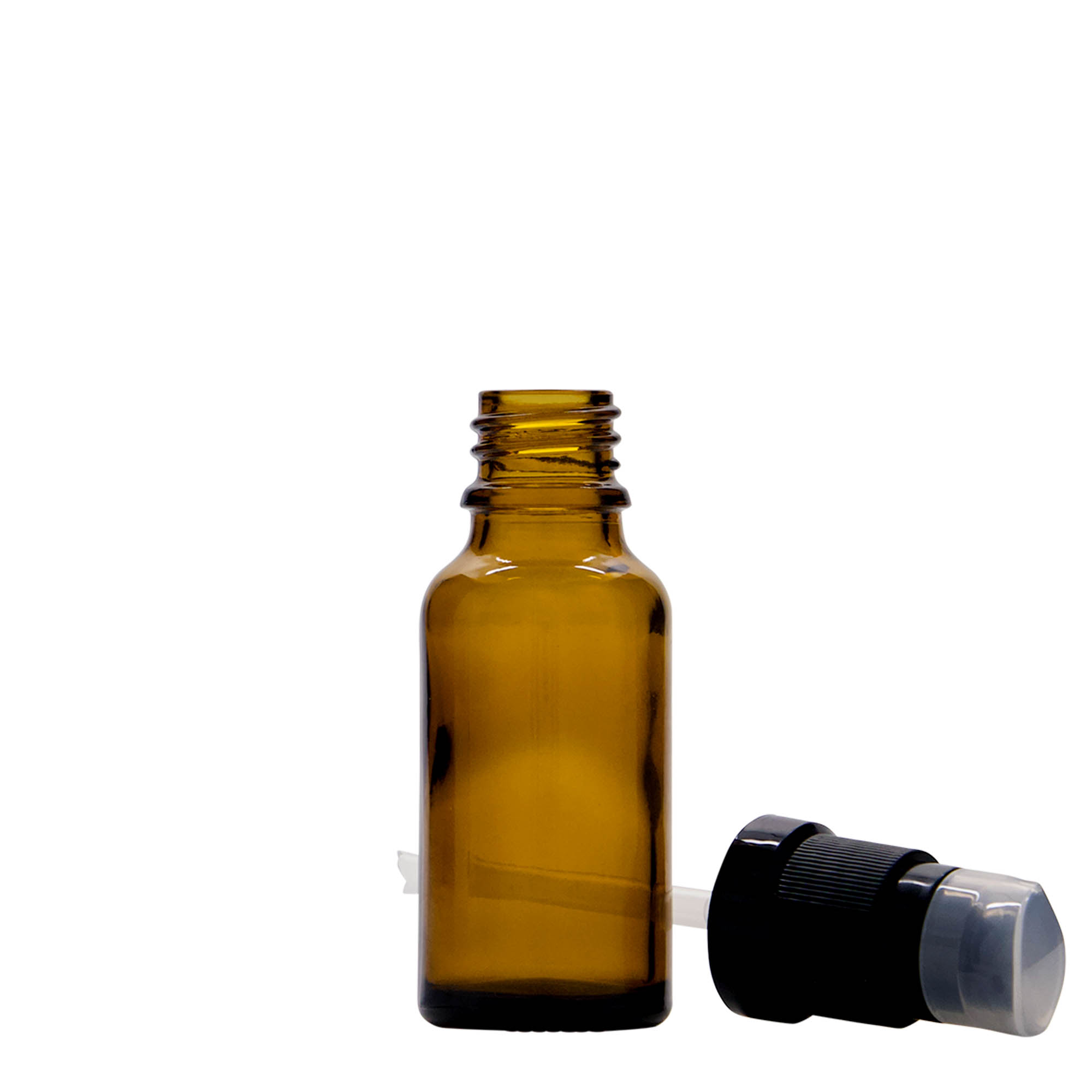 Frasco medicinal de 20 ml con bomba dosificadora para loción, vidrio, marrón, boca: DIN 18