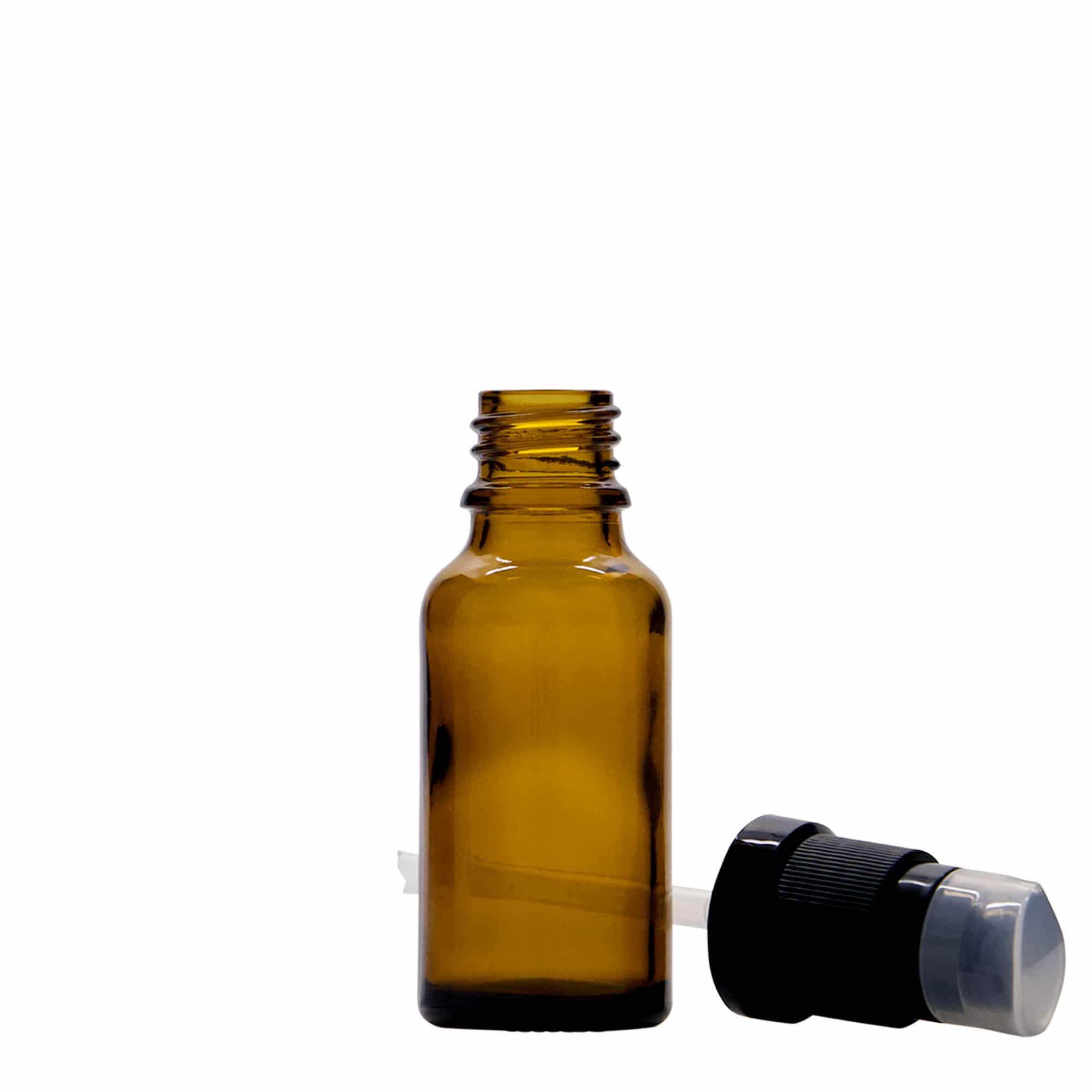 Frasco medicinal de 20 ml con bomba dosificadora para loción, vidrio, marrón, boca: DIN 18 Frasco medicinal de 20 ml con bomba dosificadora para loción, vidrio, marrón, boca: DIN 18