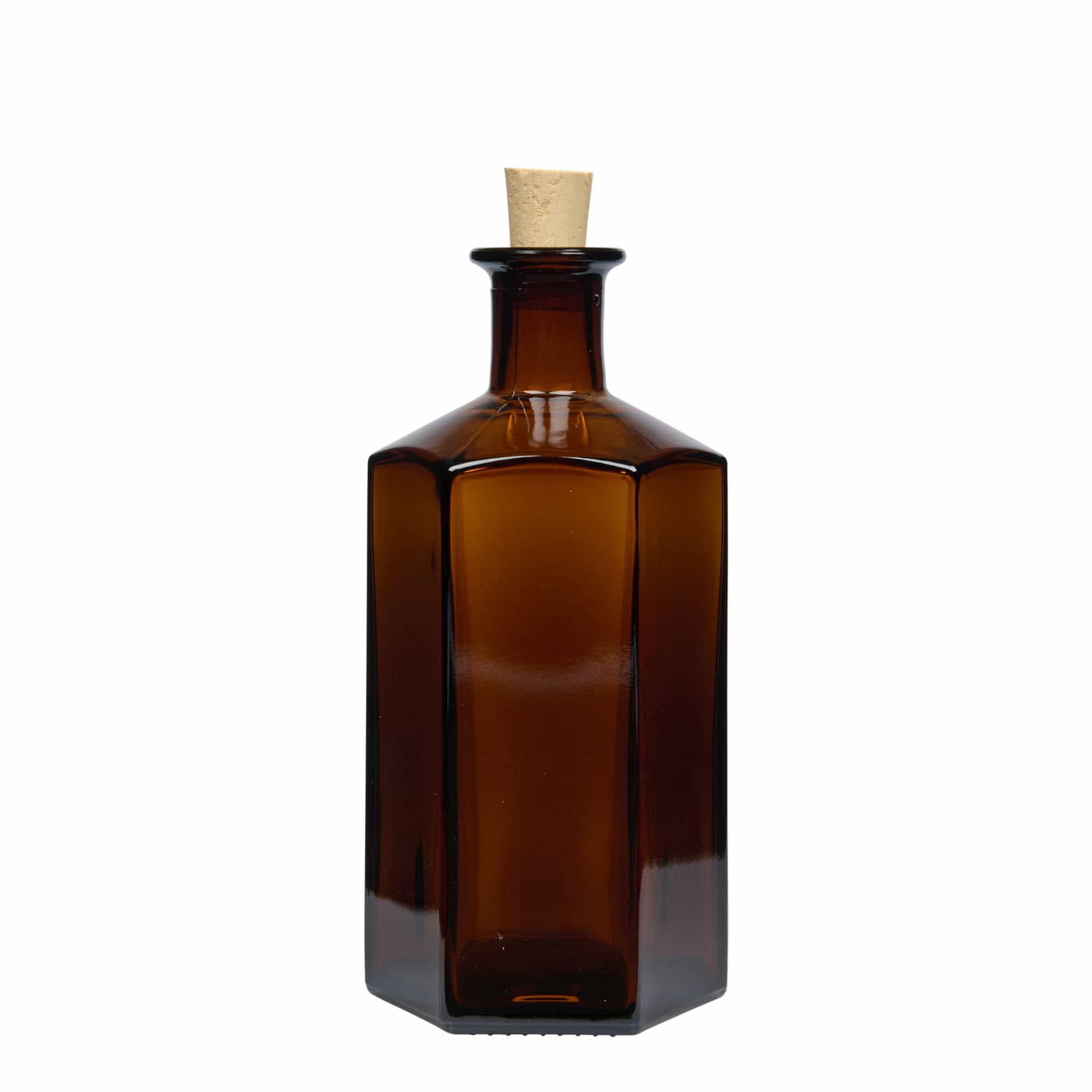 Botella de vidrio de farmacia 'Jimmy' de 500 ml. hexagonal. marrón. boca: corcho