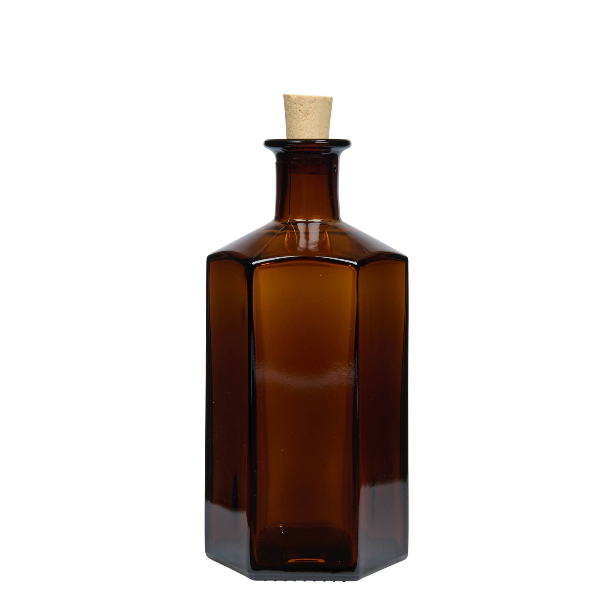 Botella de vidrio de 500 ml Farmacéutico 'Jimmy', hexagonal, marrón, boca: corcho