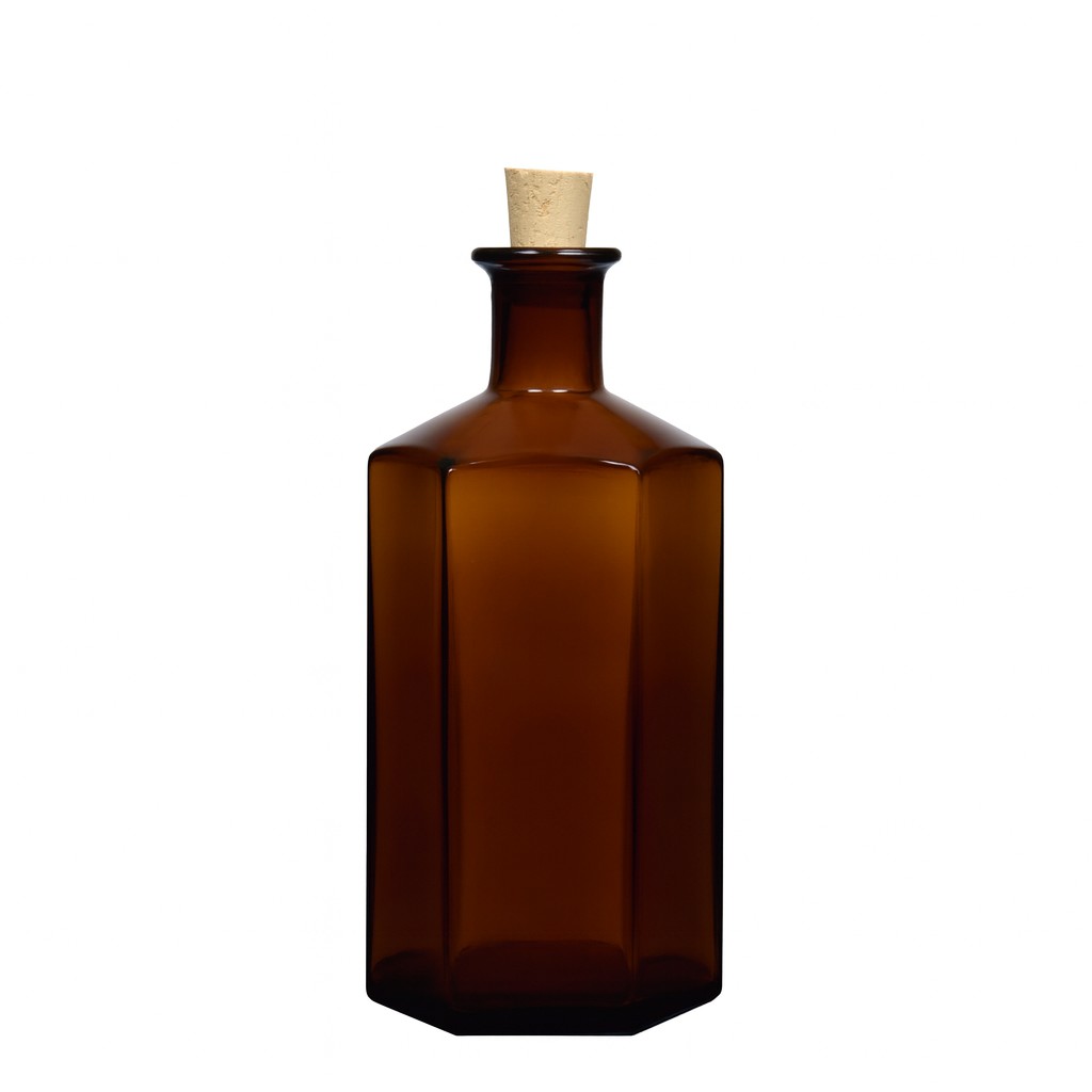 Botella de vidrio de 500 ml Farmacéutico 'Jimmy', hexagonal, marrón, boca: corcho Botella de vidrio de 500 ml Farmacéutico 'Jimmy', hexagonal, marrón, boca: corcho
