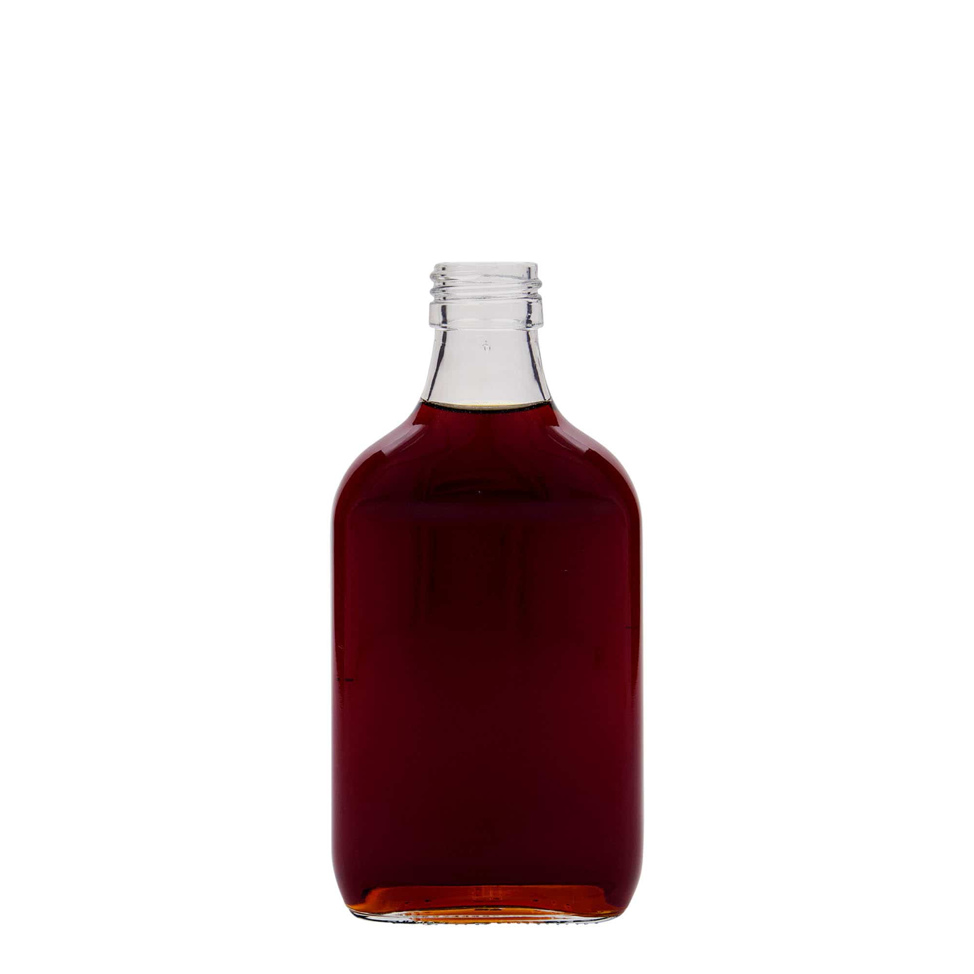 Botella de bolsillo de 200 ml, rectangular, vidrio, boca: PP 28