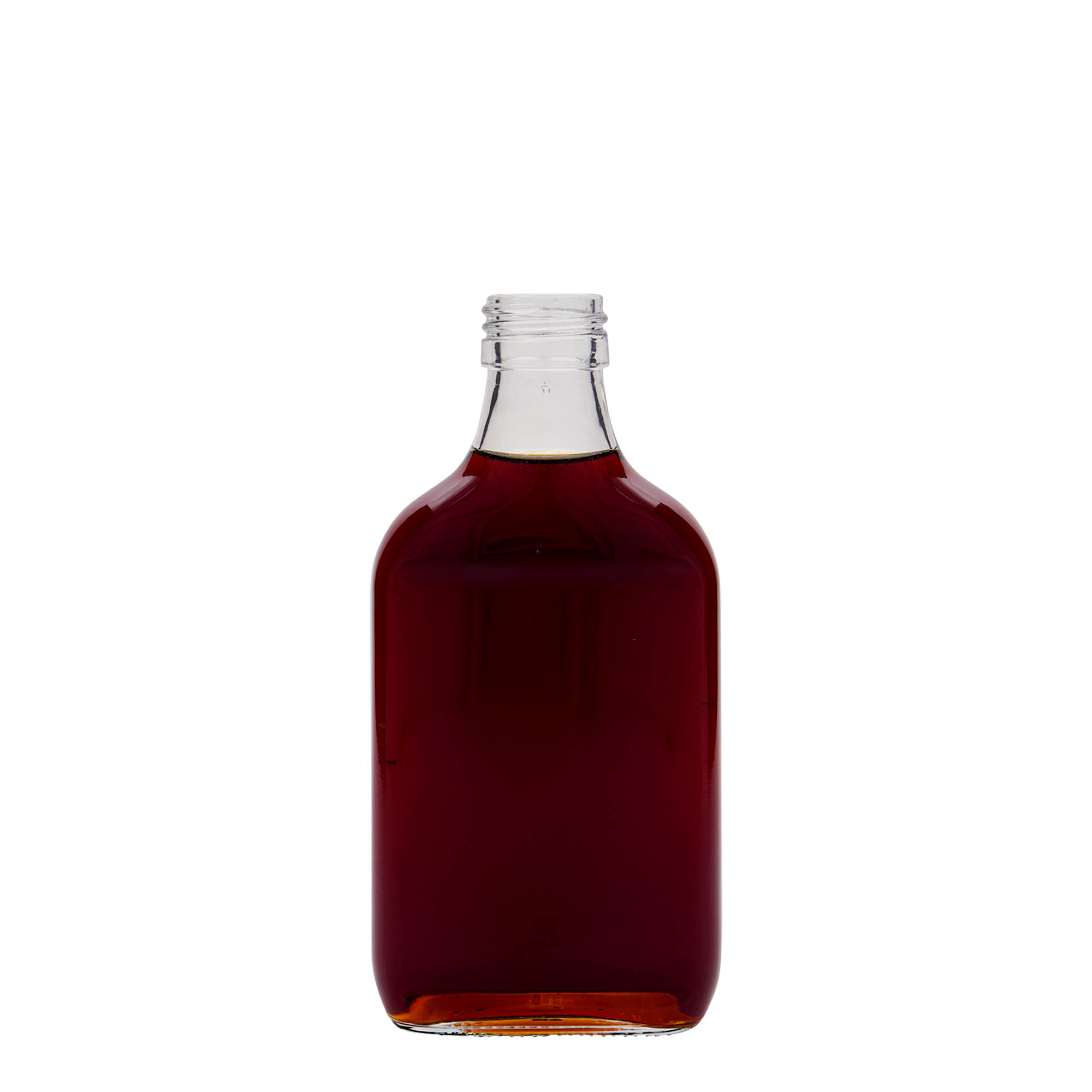 Botella de bolsillo de 200 ml, rectangular, vidrio, boca: PP 28