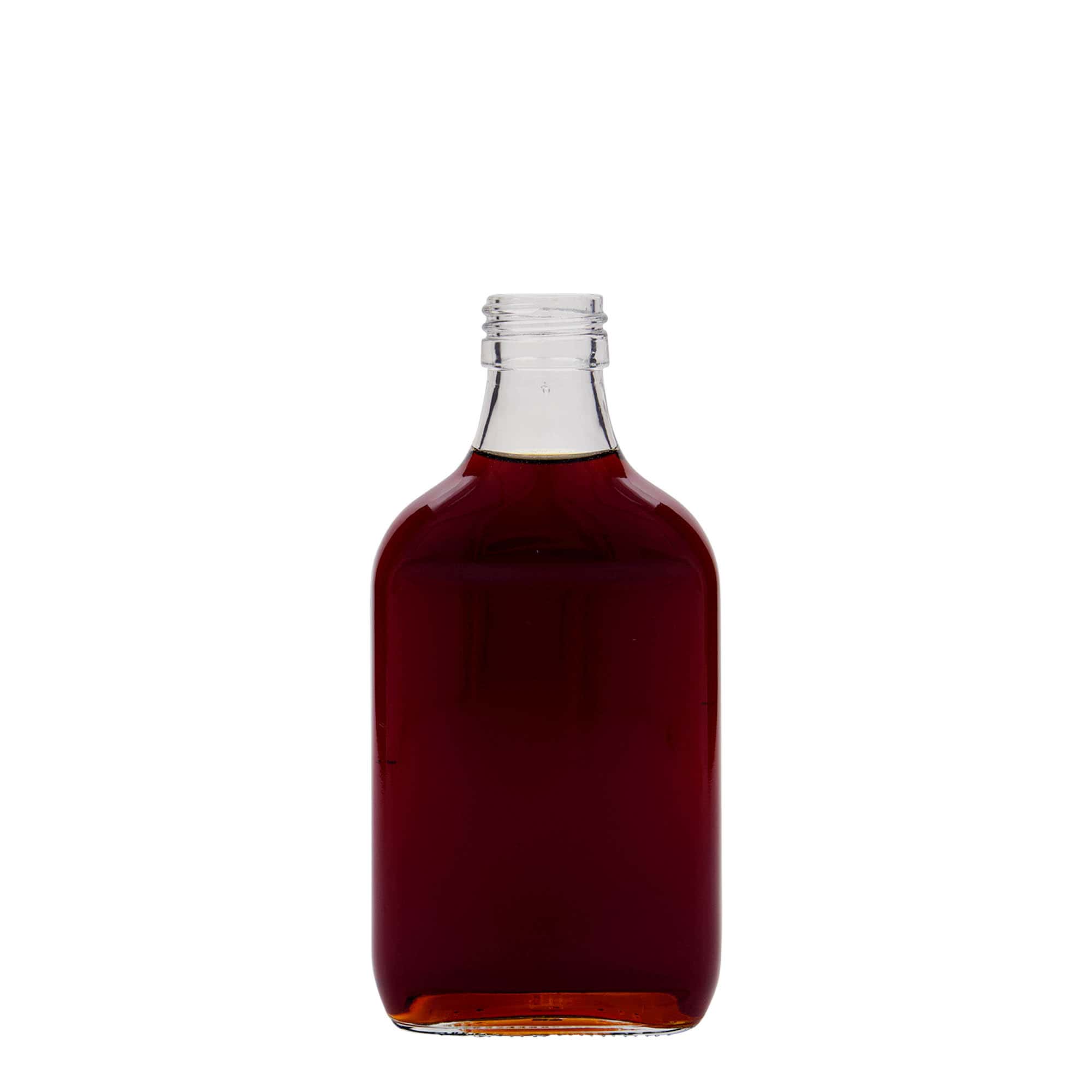 Botella de bolsillo de 200 ml, rectangular, vidrio, boca: PP 28 Botella de bolsillo de 200 ml, rectangular, vidrio, boca: PP 28