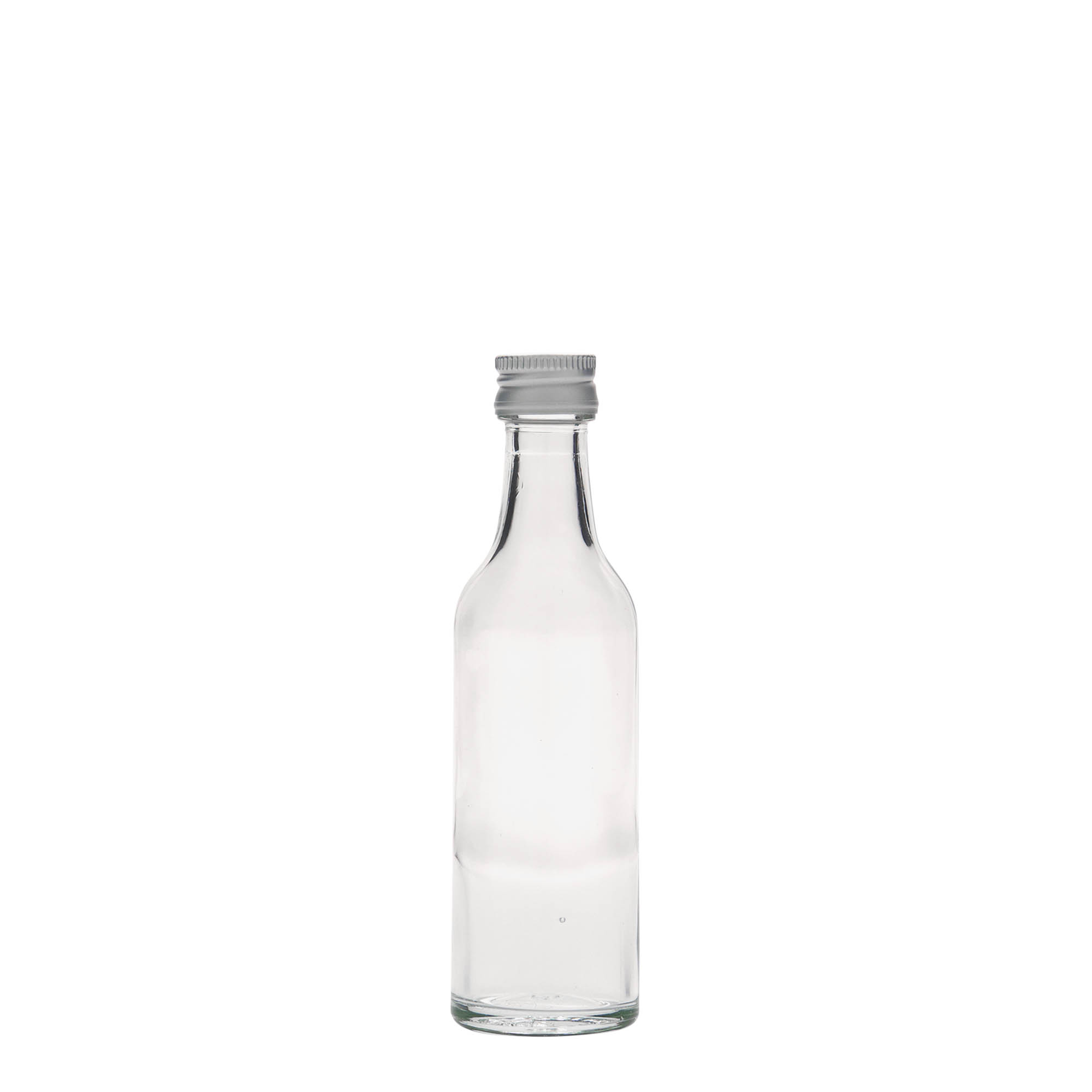 Botella de vidrio de 50 ml con cuello recto, boca: PP 18 Botella de vidrio de 50 ml con cuello recto, boca: PP 18
