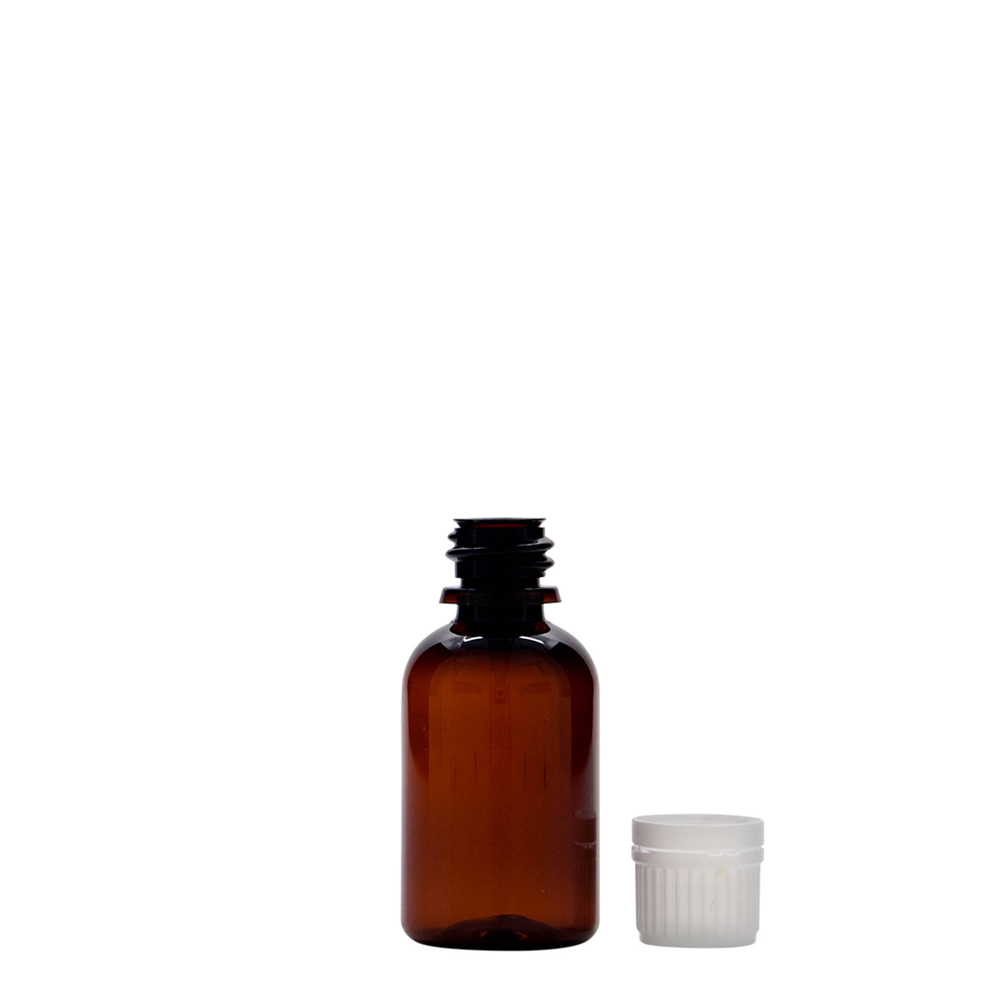 30 ml botella médica PET «Easy Living», marrón, plástico, boca: DIN 18
