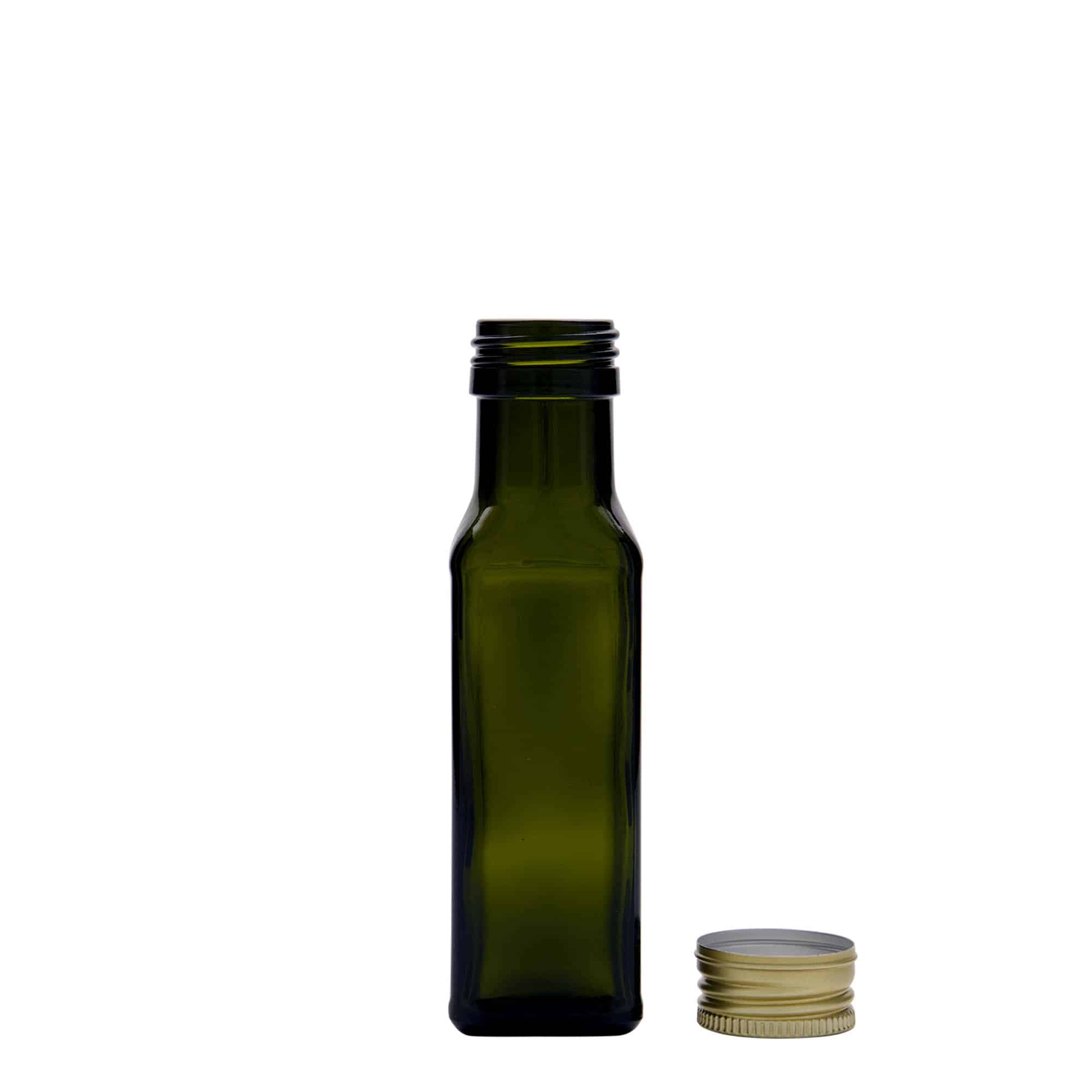 Botella de vidrio 'Marasca' de 100 ml, cuadrada, verde antiguo, boca: PP 31,5 Botella de vidrio 'Marasca' de 100 ml, cuadrada, verde antiguo, boca: PP 31,5