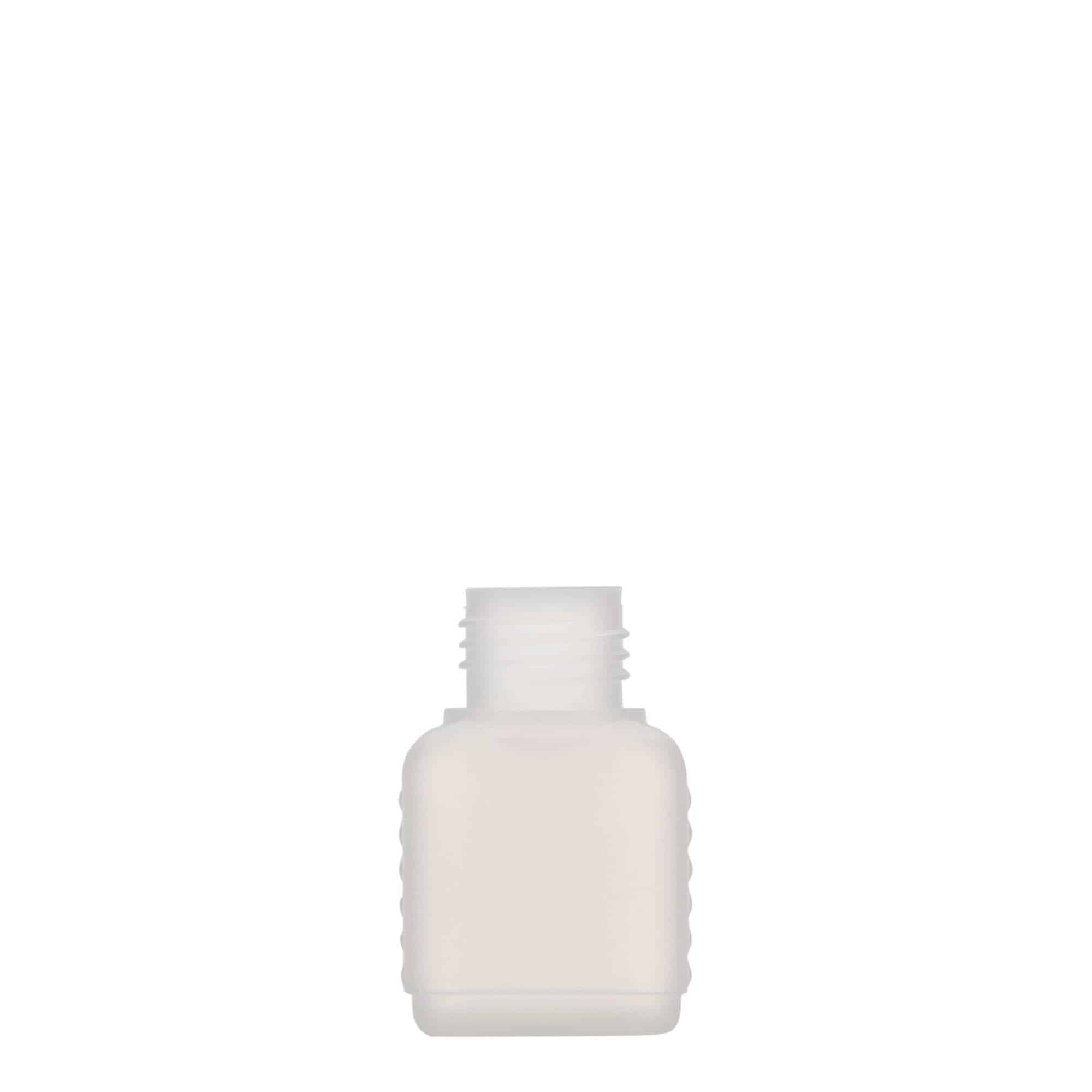 Botella bidón de 50 ml, rectangular, plástico de HDPE, natural, boca: DIN 25