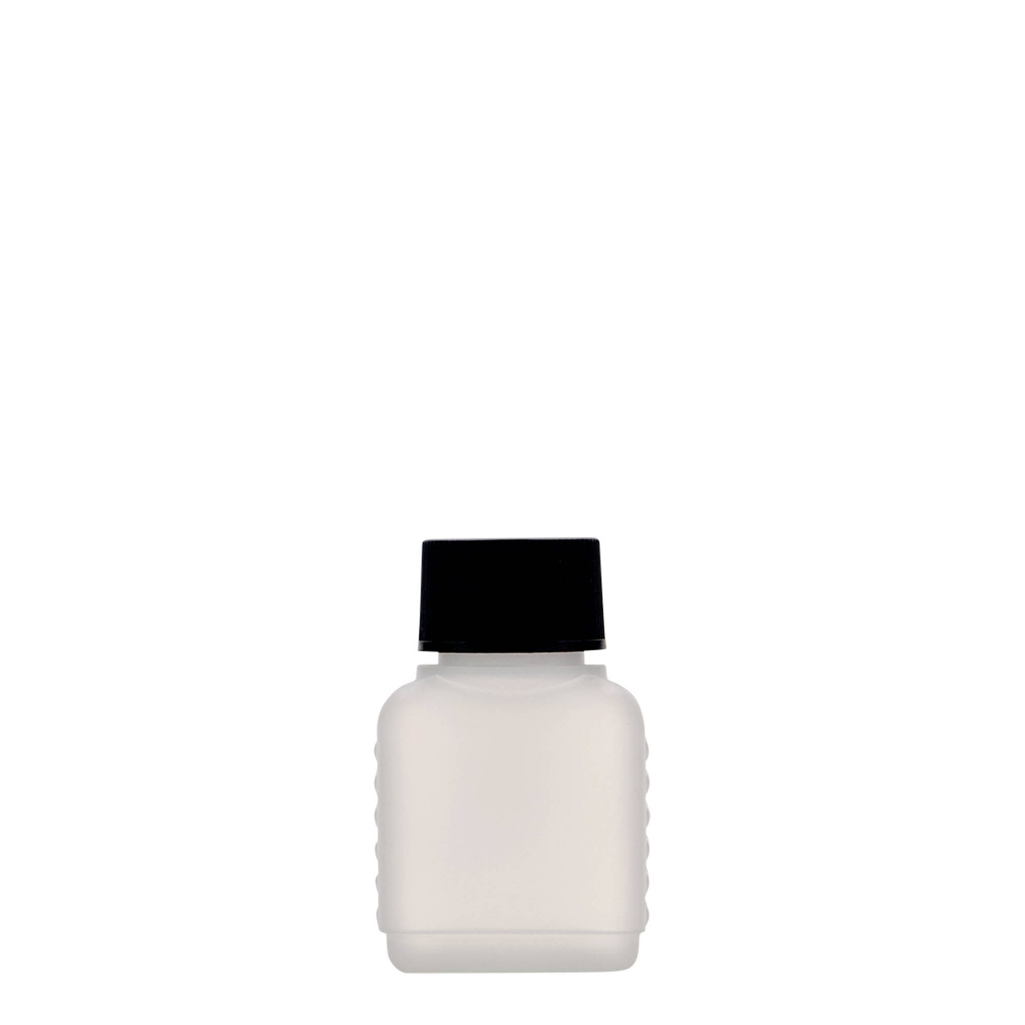 Botella de bidón de 50 ml, rectangular, plástico HDPE, natural, boca: DIN 25