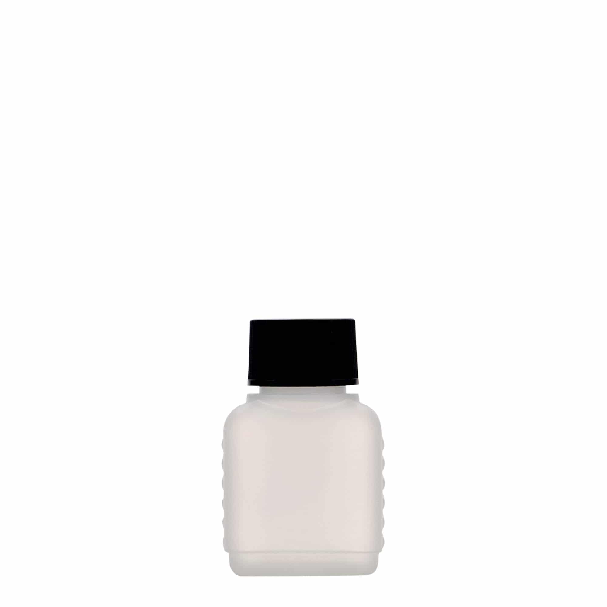 Botella de bidón de 50 ml, rectangular, plástico HDPE, natural, boca: DIN 25