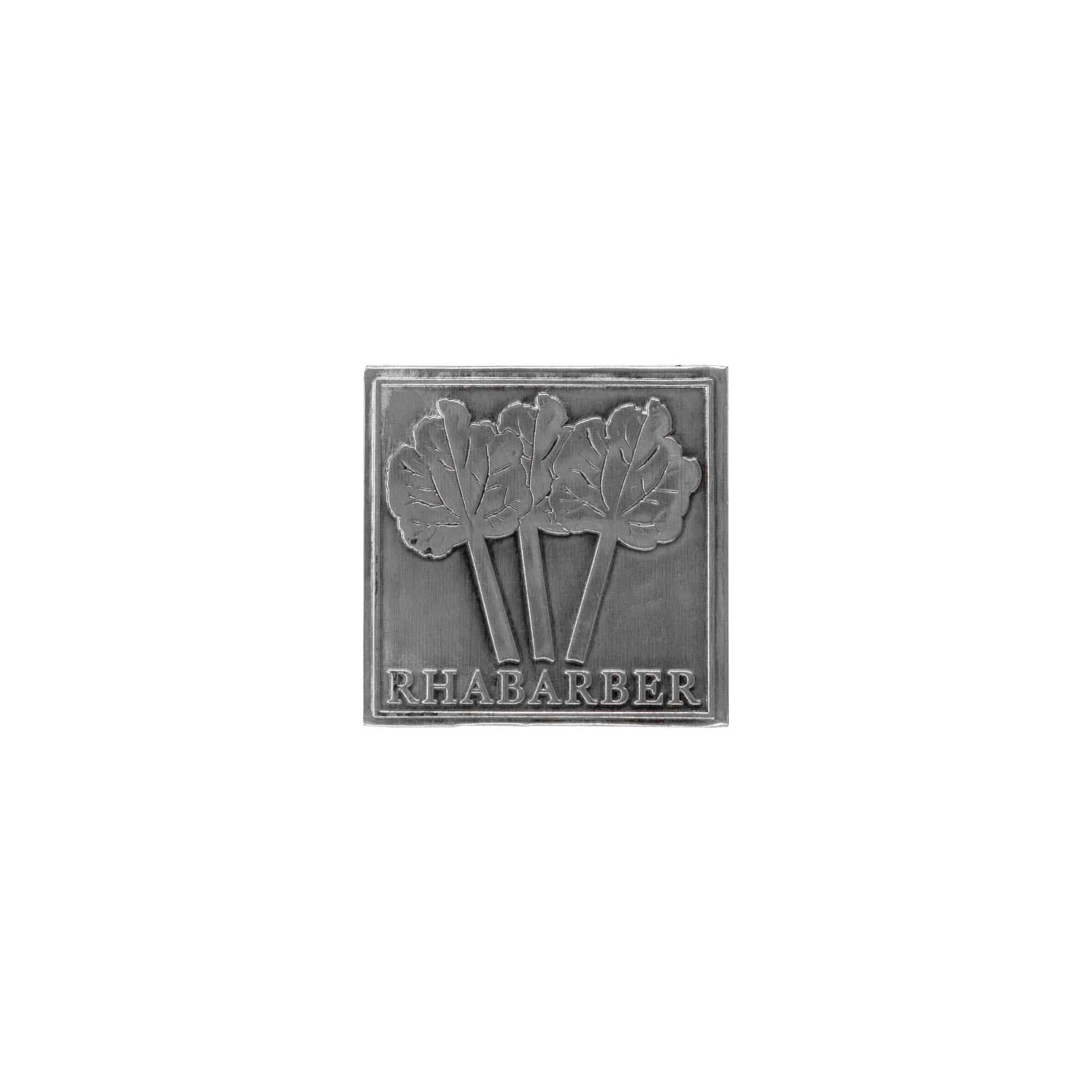 Etiqueta de estaño 'Ruibarbo', cuadrada, metal, plateado Etiqueta de estaño 'Ruibarbo', cuadrada, metal, plateado