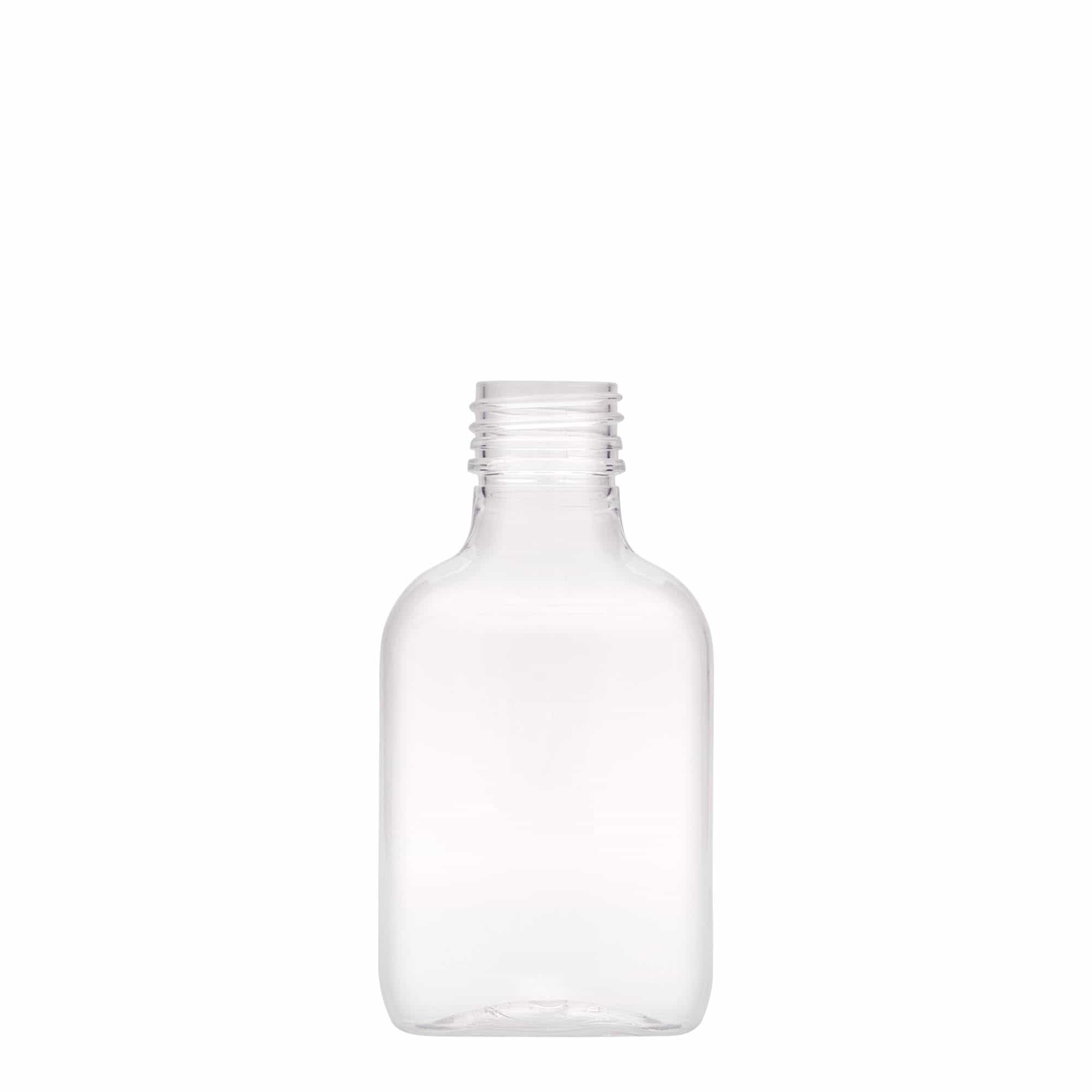 Botella de bolsillo de 100 ml, ovalada, plástico de PET, boca: PP 28
